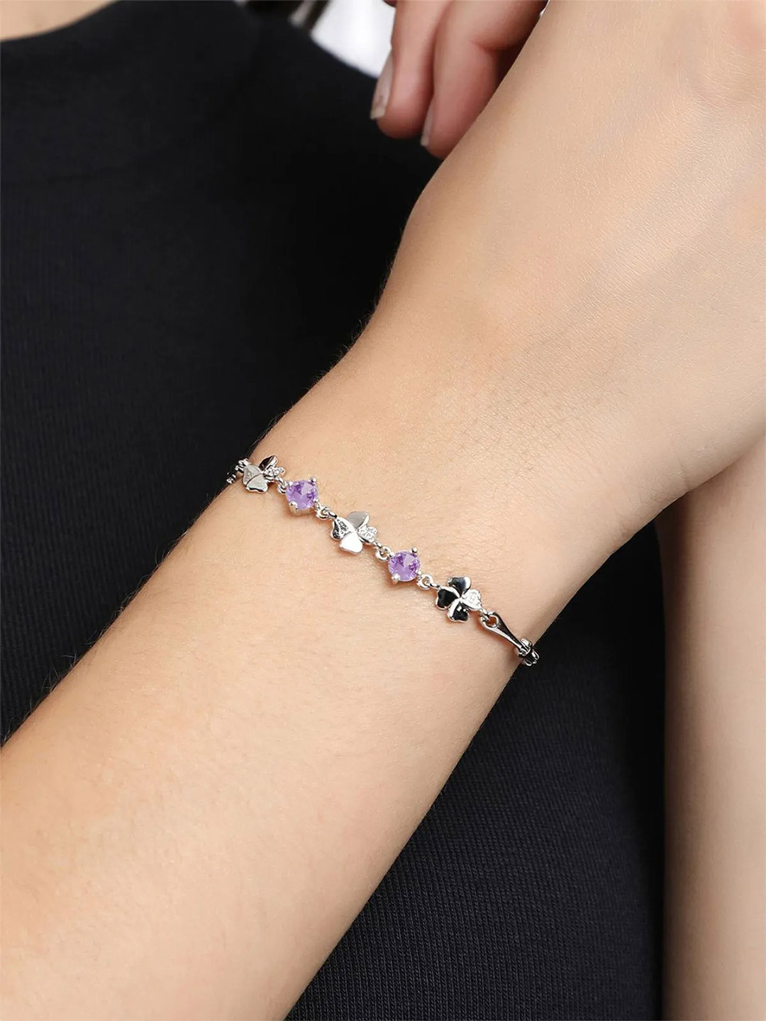 AQUASTREET Women Silver-Toned & Purple Cubic Zirconia Rhodium-Plated Link Bracelet