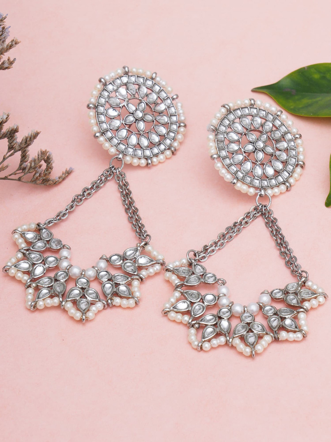 KARATCART Silver-Plated Oxidised Kundan Studded Floral Chandbali Earrings