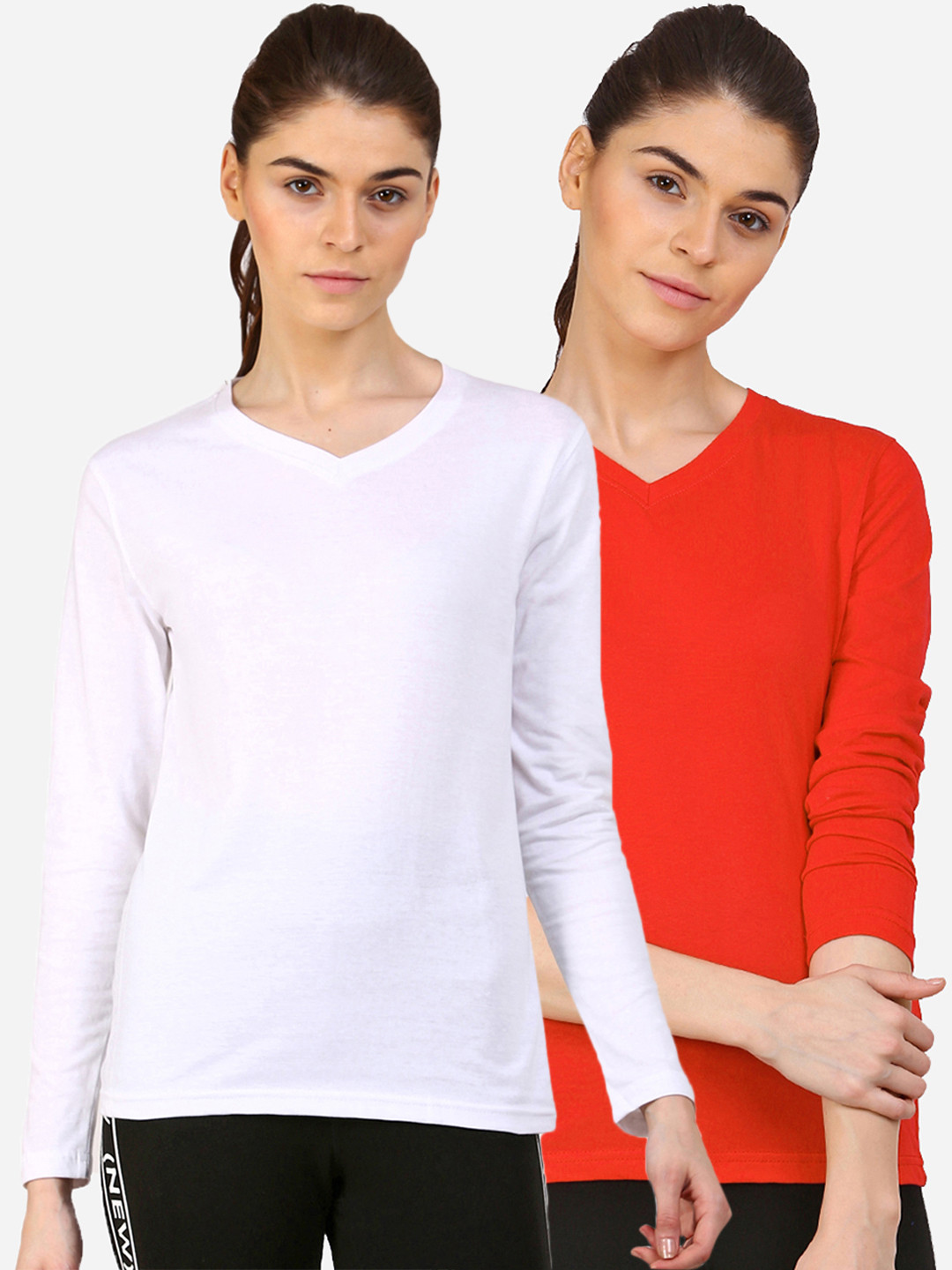 appulse Women Red & White Set Of 2 V-Neck Slim Fit Running T-shirt