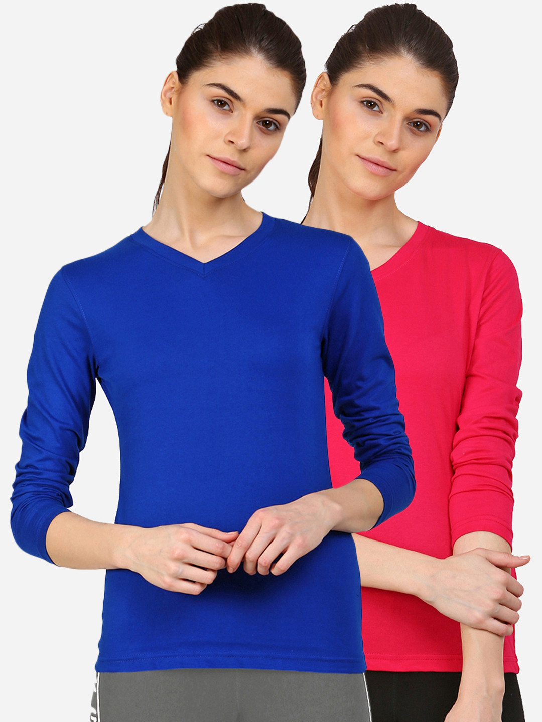 appulse Women Pink & Blue V-Neck Slim Fit Running T-shirt Pack Of 2