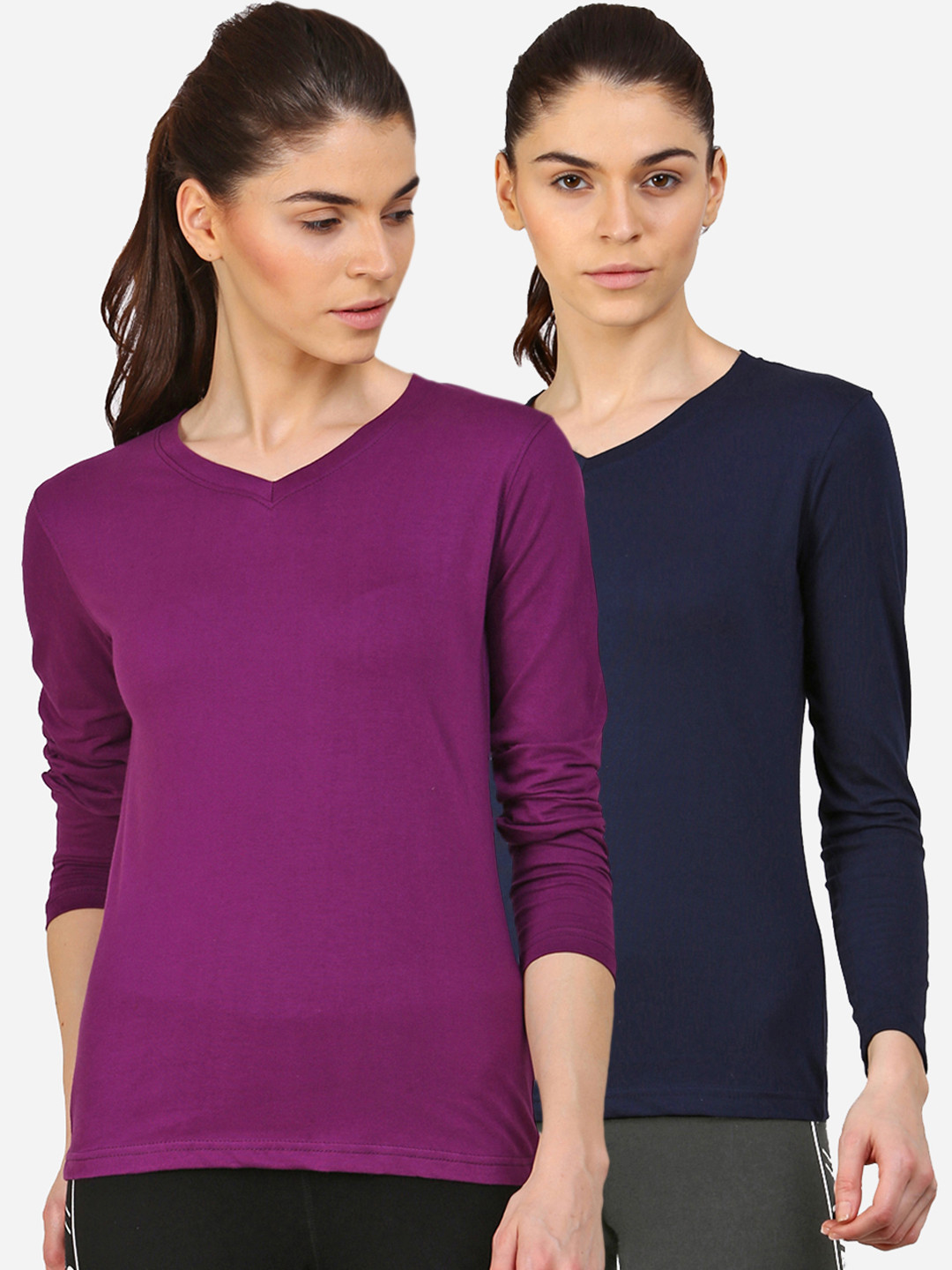 appulse Women Navy Blue & Violet Set Of 2 V-Neck Slim Fit T-shirt