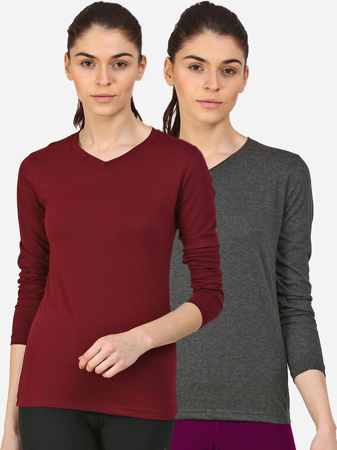 appulse Women Grey & Maroon Set Of 2 V-Neck Slim Fit Running T-shirt