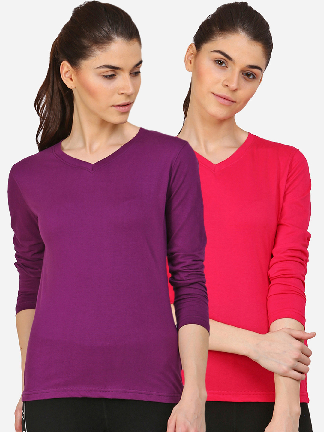 appulse Women Violet & Pink Set Of 2 V-Neck Slim Fit T-shirt