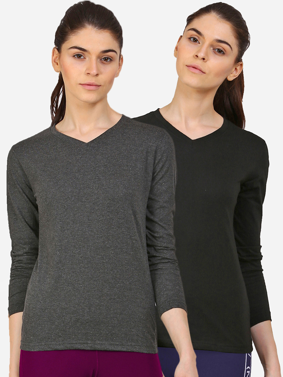appulse Women Black & Charcoal 2 V-Neck Slim Fit Running T-shirt