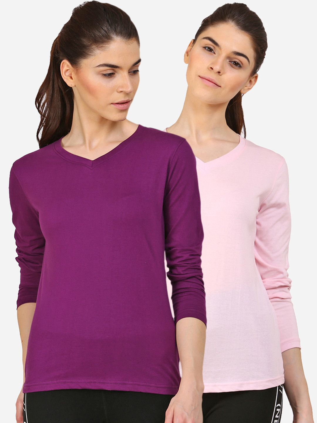 appulse Women Pink & Purple Set Of 2 V-Neck Slim Fit Running T-shirt