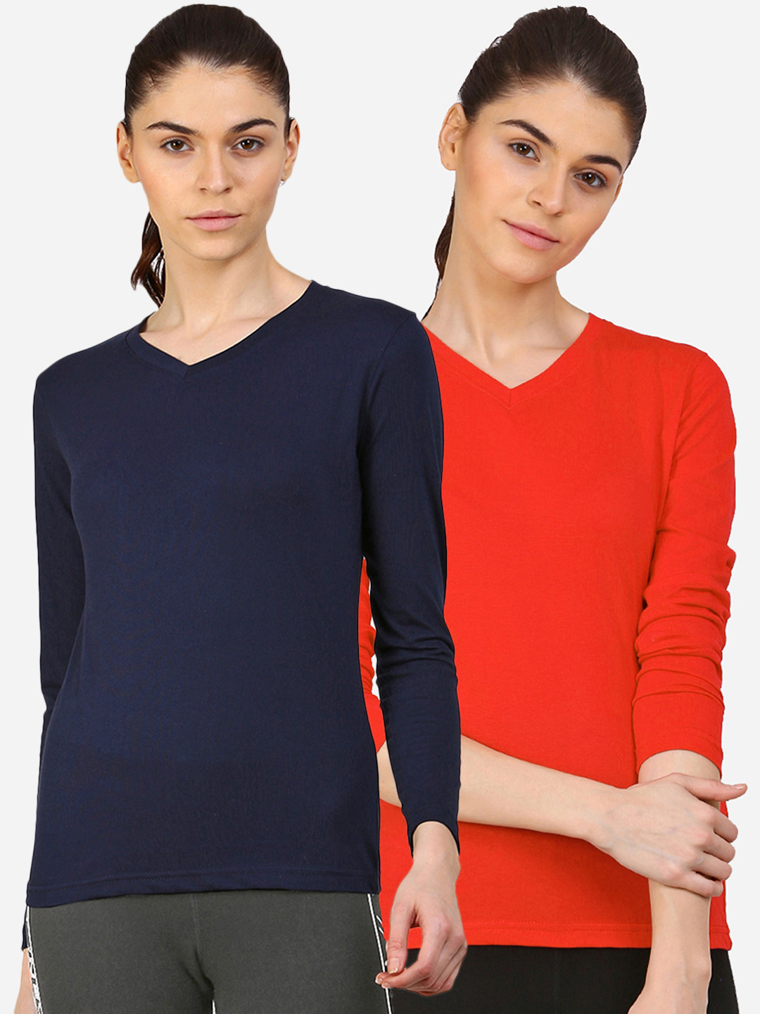 appulse Women Red & Navy Blue Set Of 2 V-Neck Slim Fit Running T-shirt