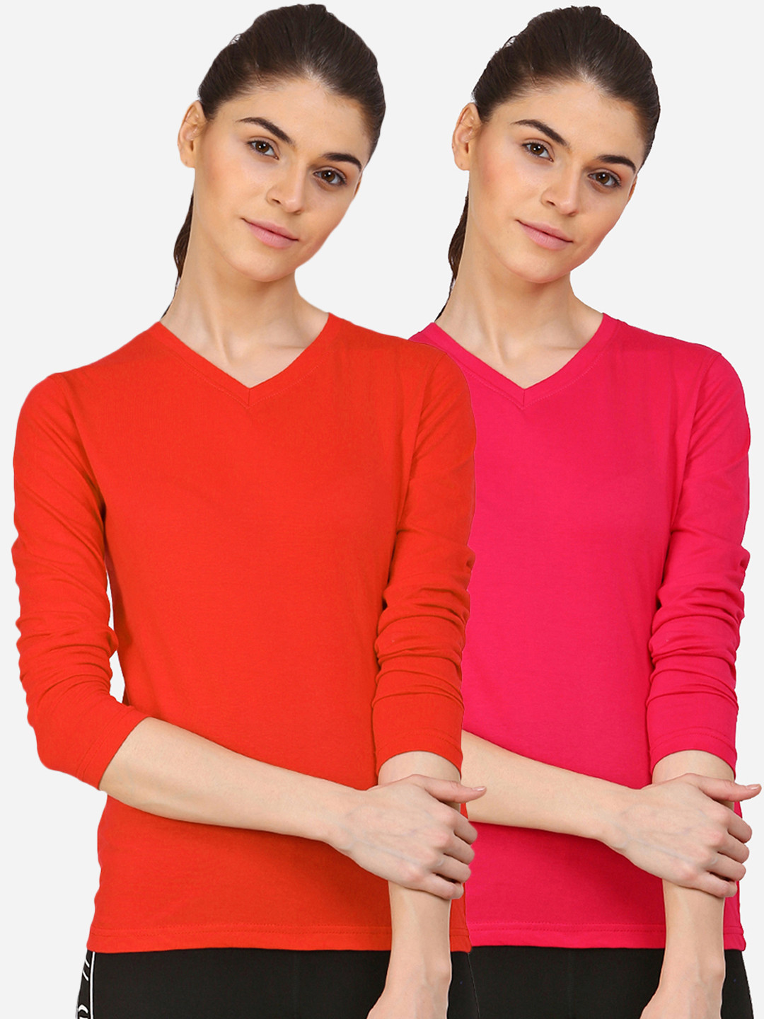 appulse Women Red & Fuchsia Pack Of 2 V-Neck Slim Fit Running T-shirt