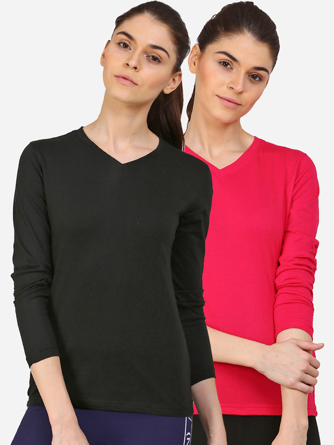 appulse Women Black & Pink Pack of 2 Slim Fit Cotton Running T-shirt