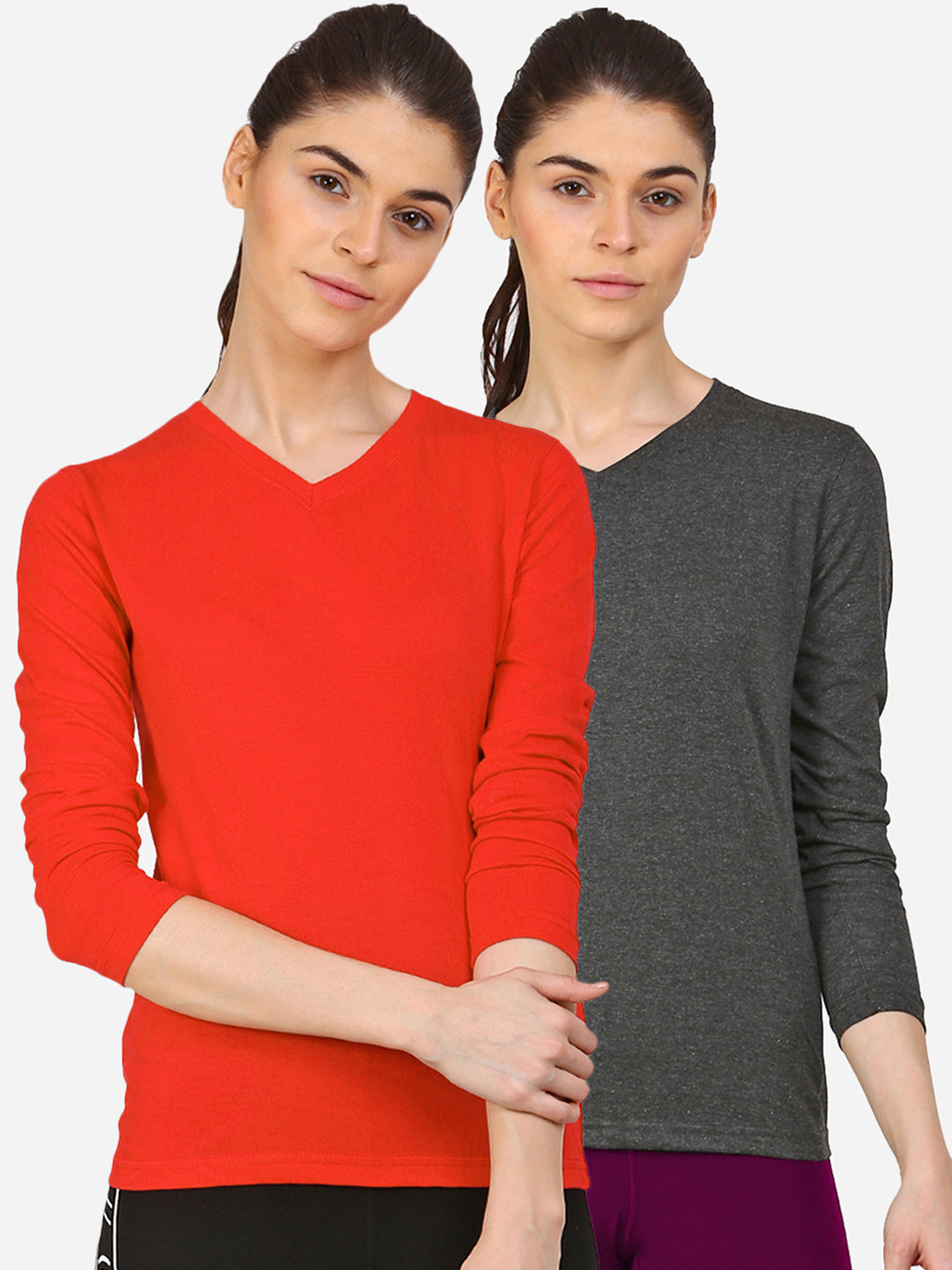 appulse Women Pack of 2 Charcoal & Red V-Neck Slim Fit Running Cotton T-shirts