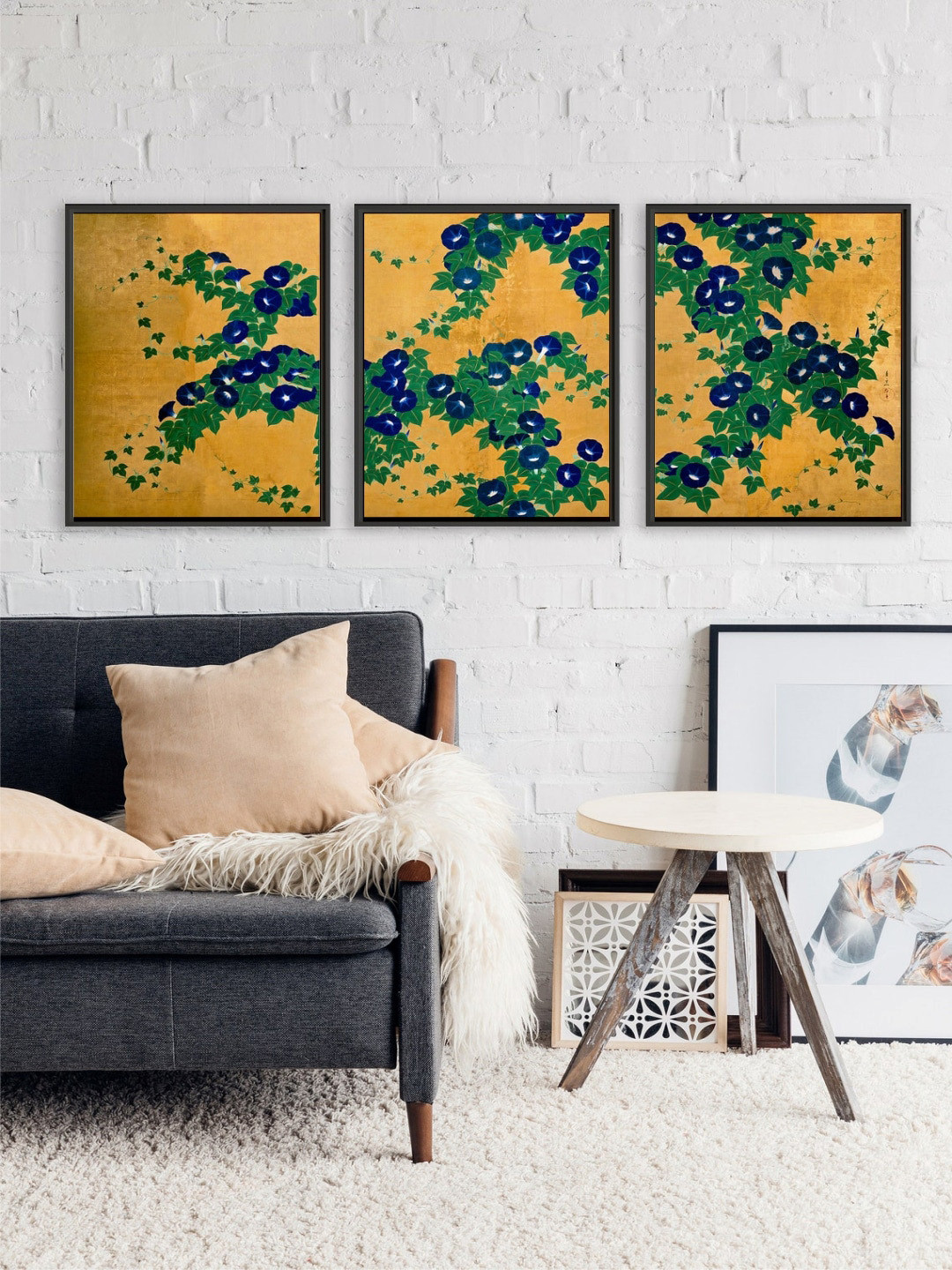 The Art House Set of 3 Yellow & Green Flower & Leaves Printed Canvas Wall Art