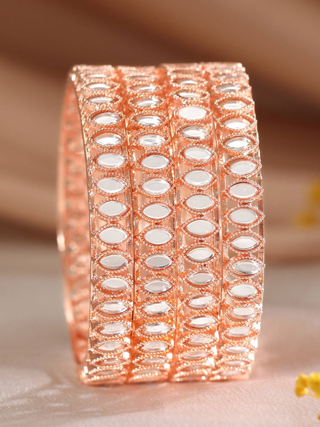Rubans Set Of 4 22K Rose Gold-Plated & White Mirror Studded Bangles