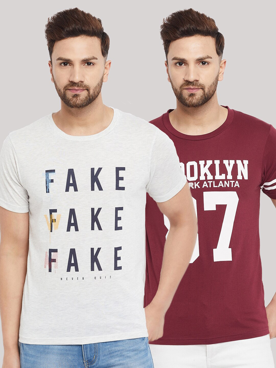THE MILLION CLUB Men Set Of 2 Off White & Maroon Typography Printed Cotton T-shirt