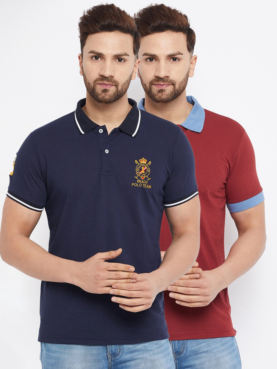 THE MILLION CLUB Men Set Of 2 Navy Blue & Red Polo Collar Cotton T-shirt