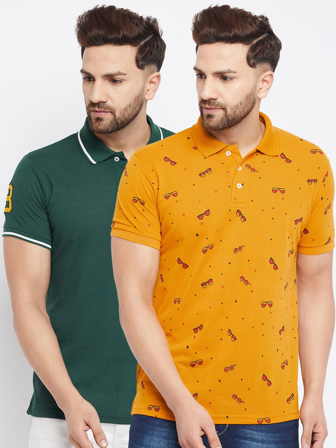 THE MILLION CLUB Men Pack of 2 Green & Mustard Yellow Printed Polo Collar T-shirt