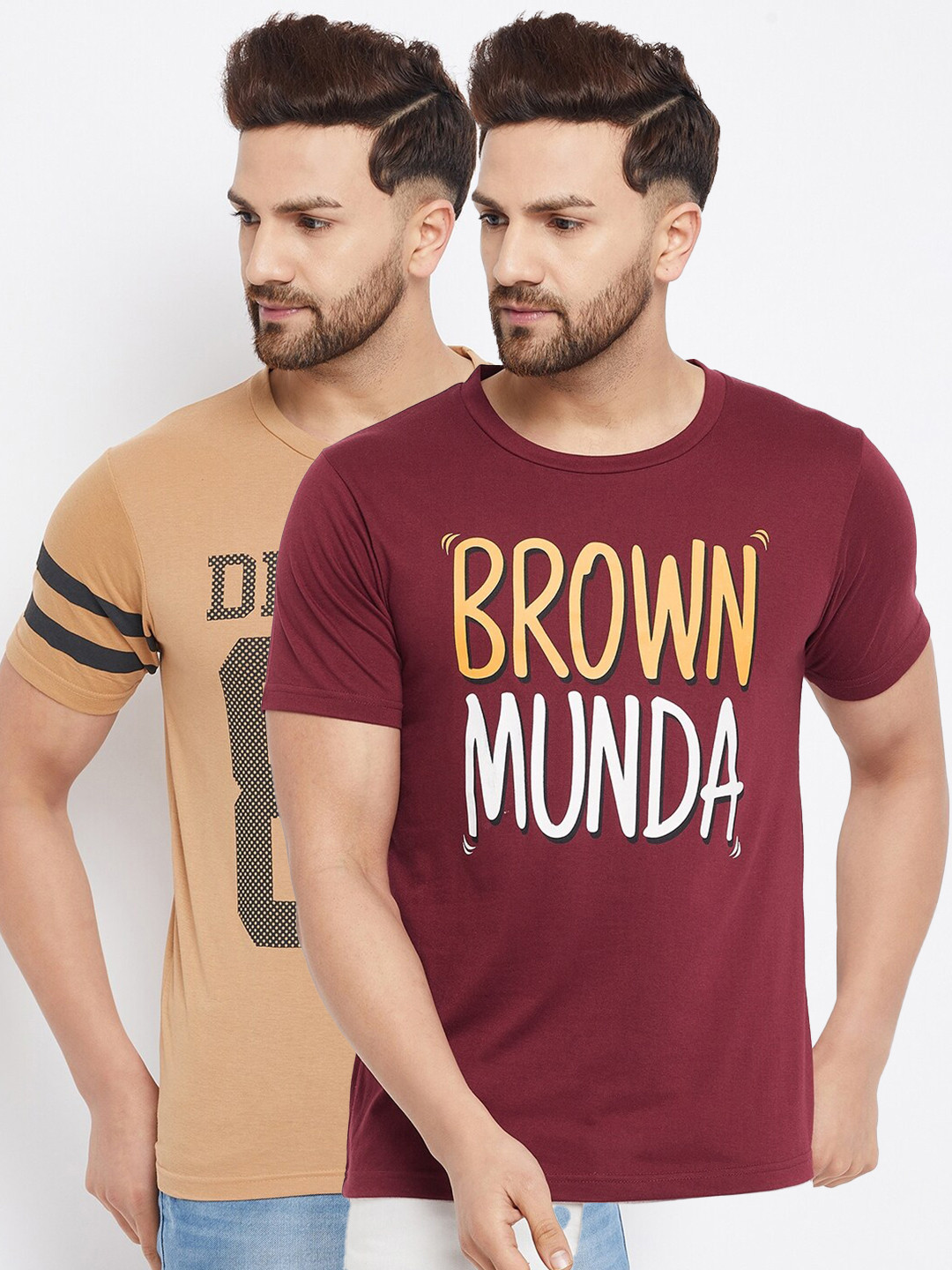 THE MILLION CLUB Men Pack Of 2 Beige & Maroon Typography Printed Cotton T-shirt