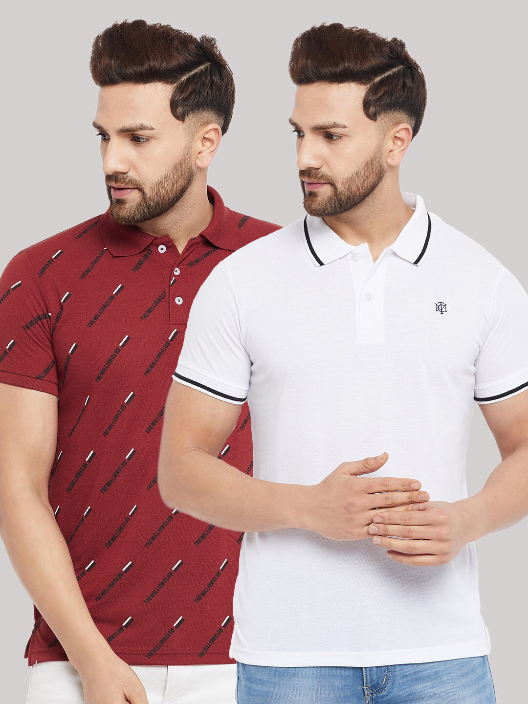 THE MILLION CLUB Men Pack Of 2 White & Maroon Printed Polo Collar Extended Sleeves T-shirt