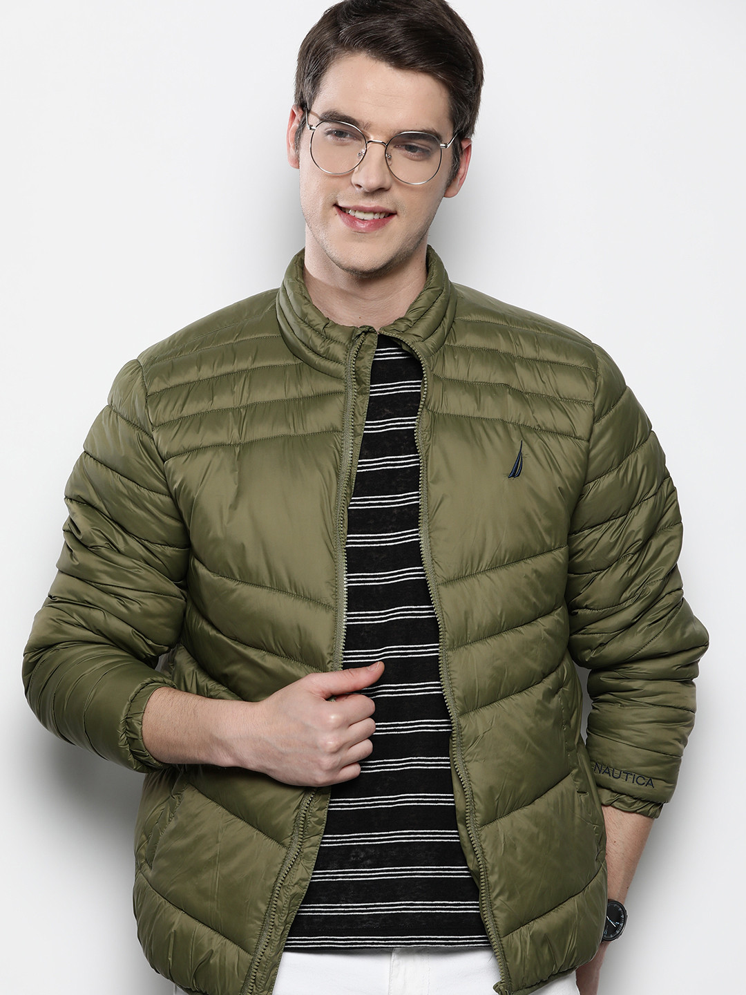 Nautica Men Olive Green Solid Padded Jacket