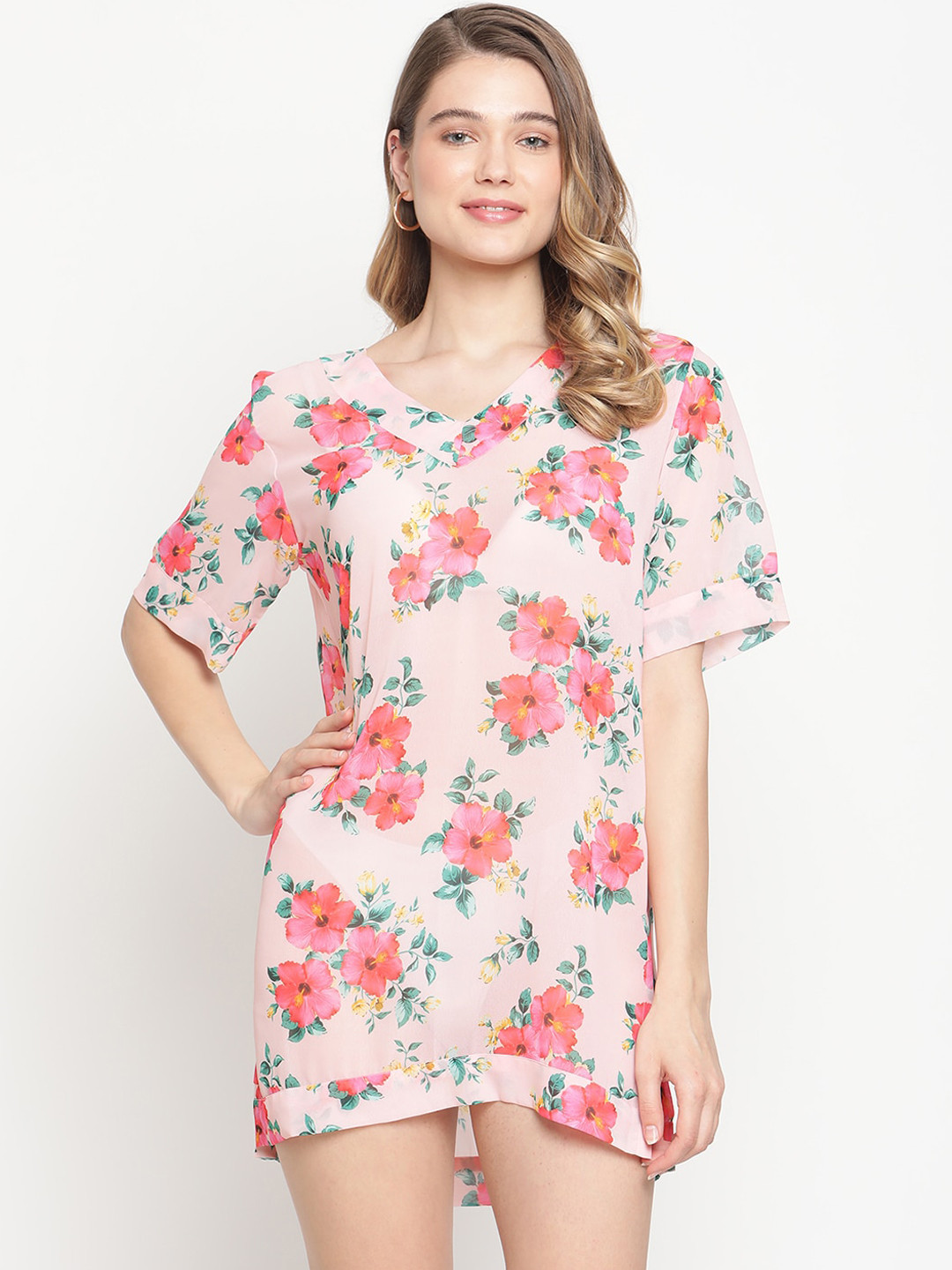 Aoba Women Pink Floral Printed Beachwear Cover-Up Dress