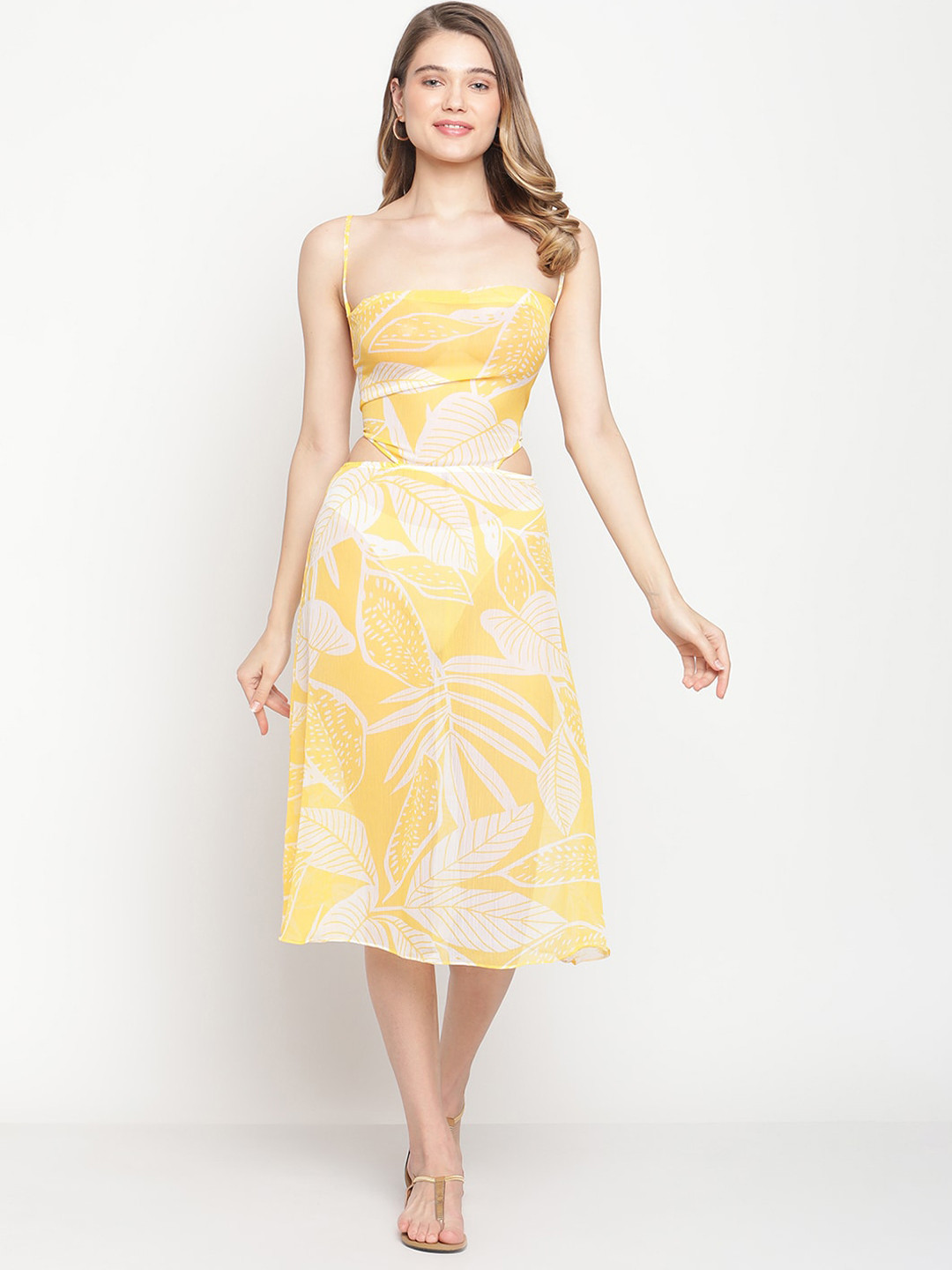 Aoba Women Yellow & White Printed Cover-Up Beachwear Dress
