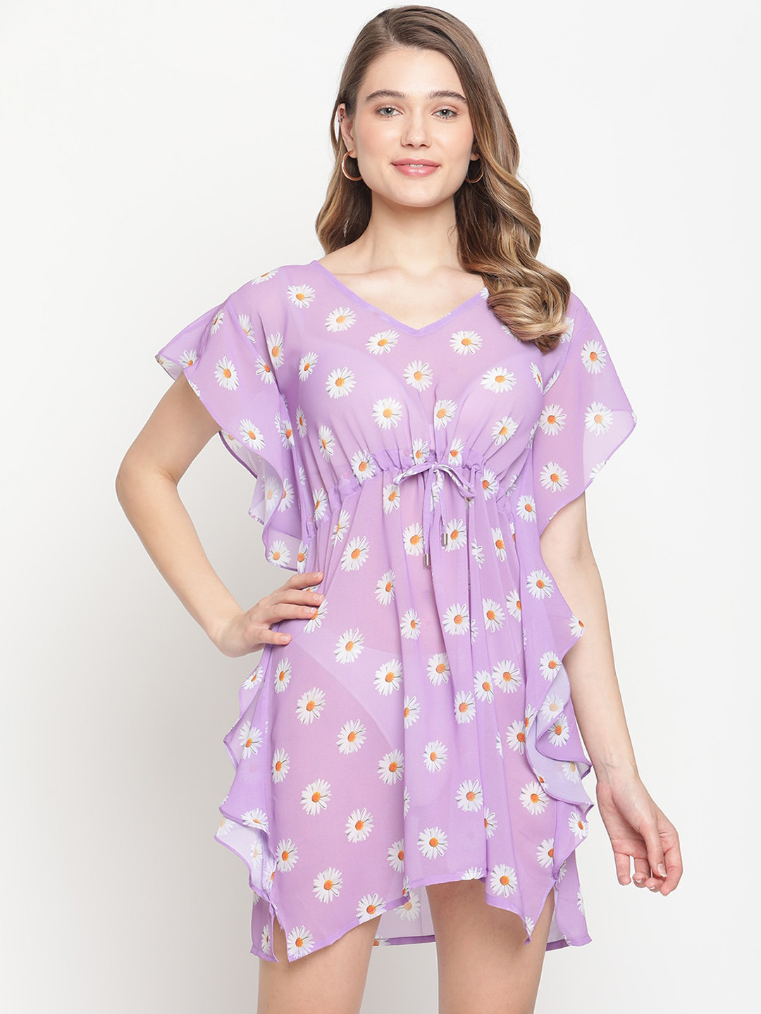 Aoba Women Purple Floral Printed Beachwear Cover-up Kaftan