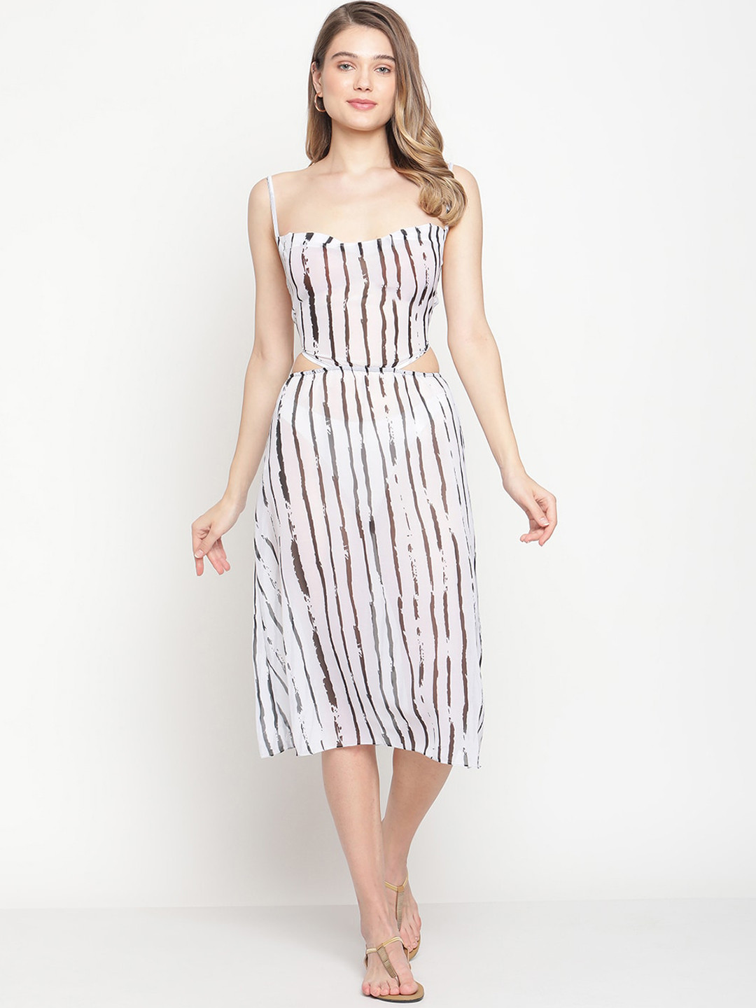 Aoba Women White & Black Printed Beachwear Cover-Up Dress