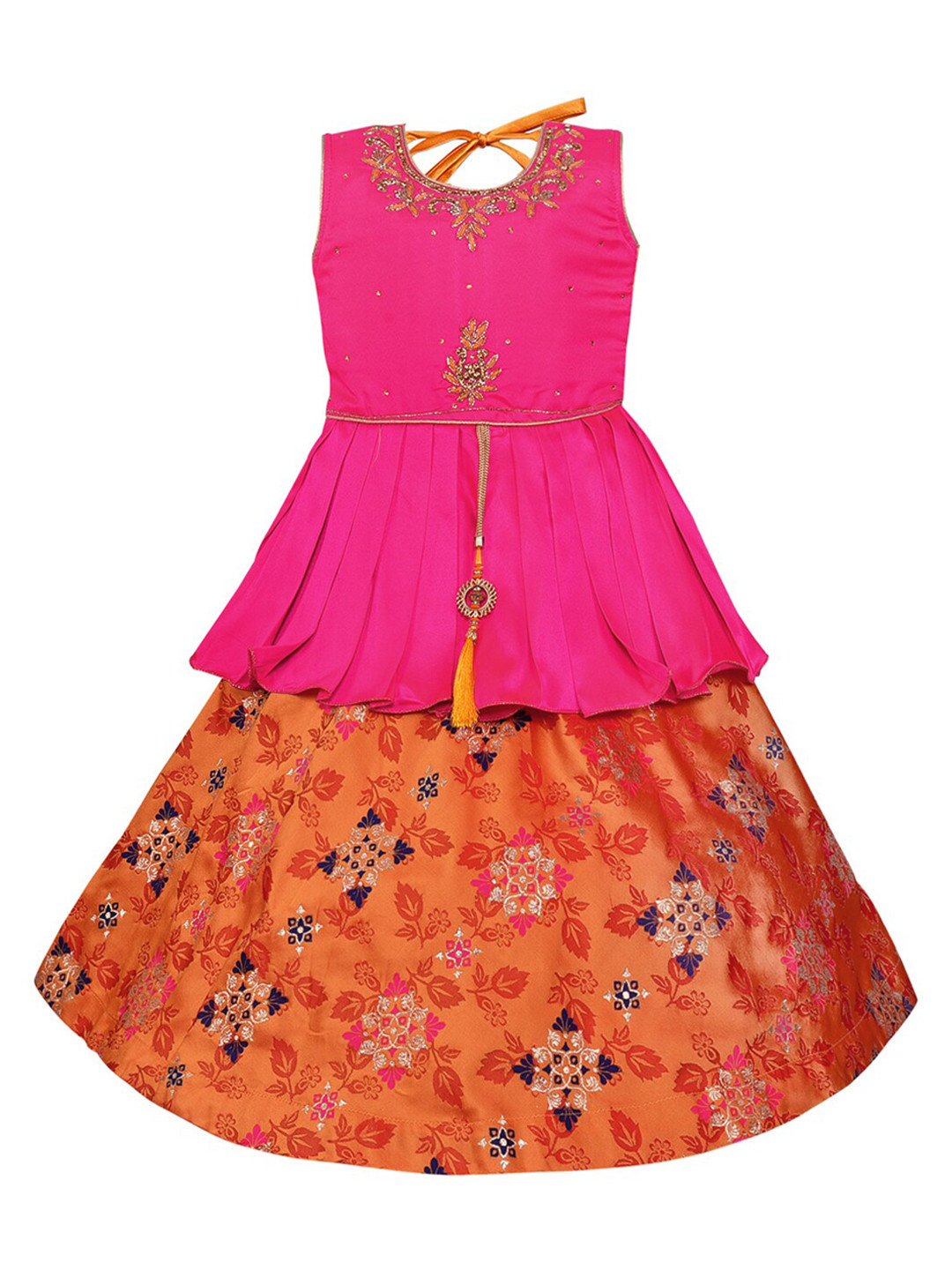 Wish Karo Girls Pink Floral Satin Maxi Dress
