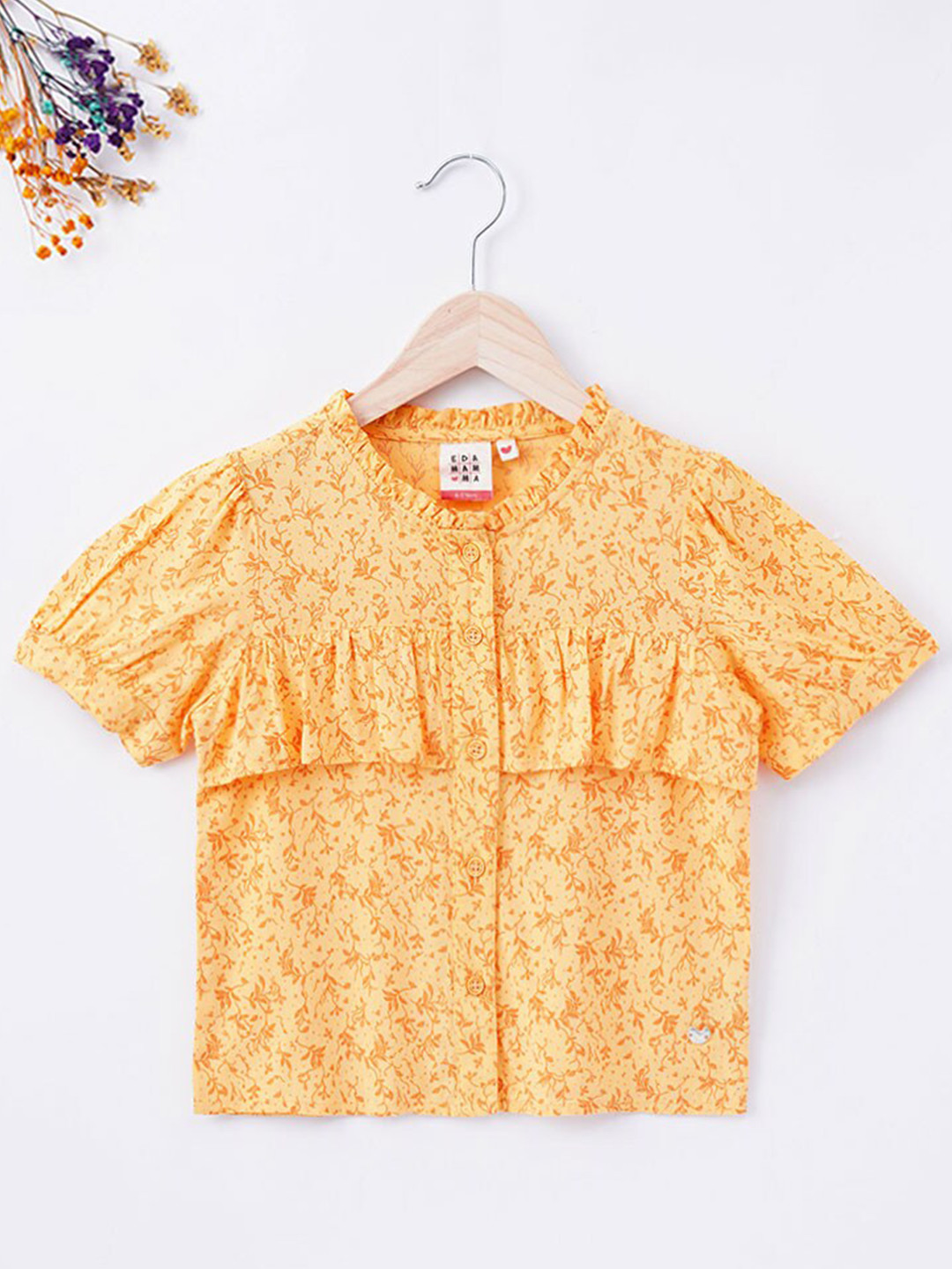 Ed-a-Mamma Girls Yellow Floral Print Ruffles Organic Cotton Top