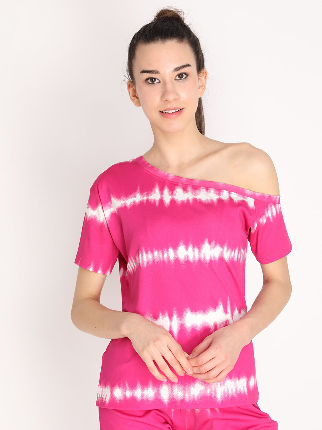 CHKOKKO Pink & White Tie and Dye One Shoulder Top