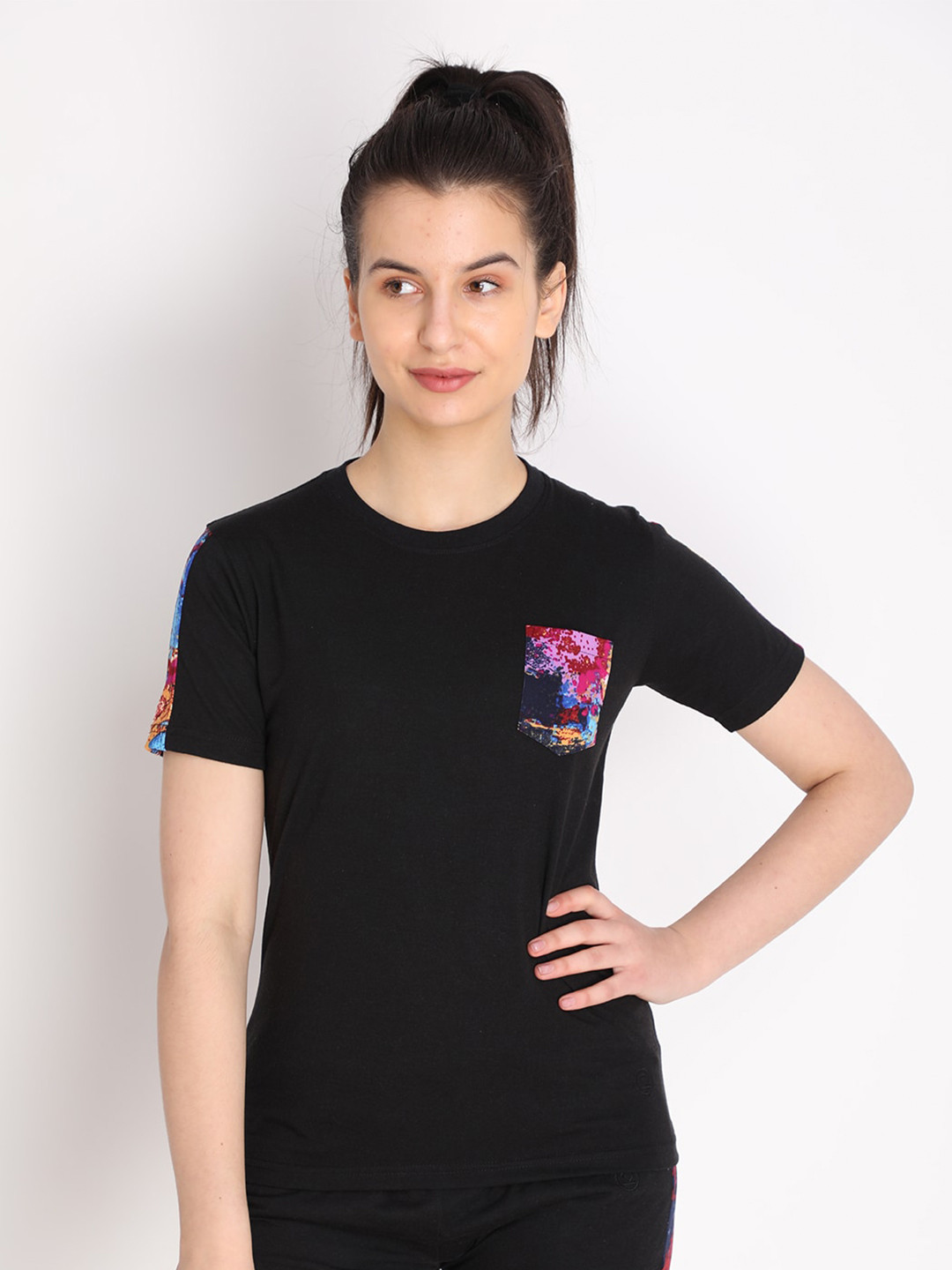 Chkokko Women Black Contrast Pocket Cotton Sports T-shirt