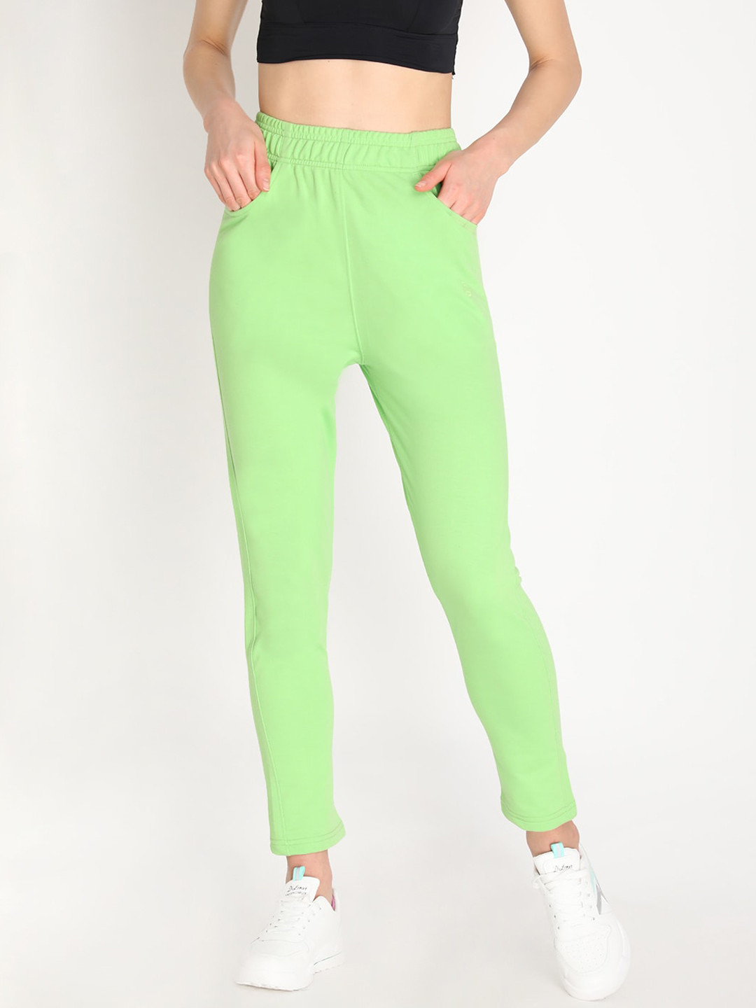 CHKOKKO Women Fluorescent Green Solid Track Pant