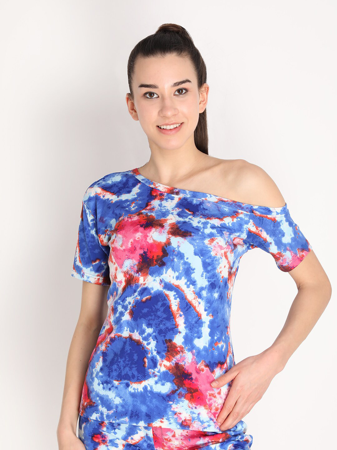 CHKOKKO Blue & Pink Tie & Dye Print One Shoulder Crop Top
