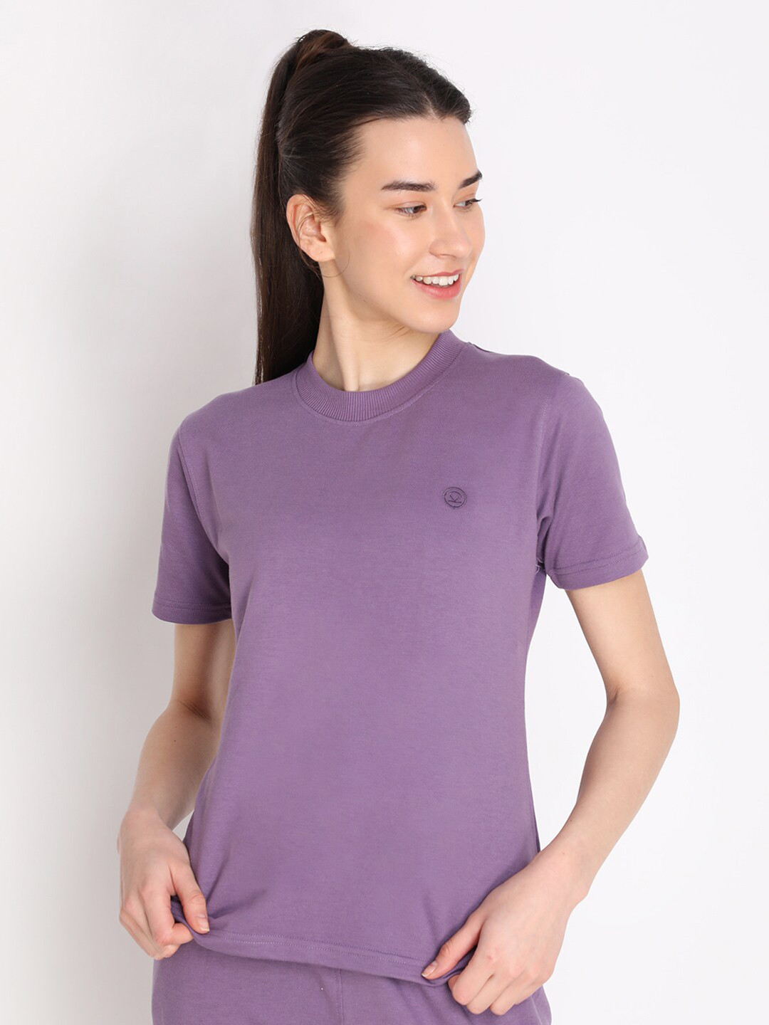 CHKOKKO Women Purple Solid Cotton Outdoor T-shirt