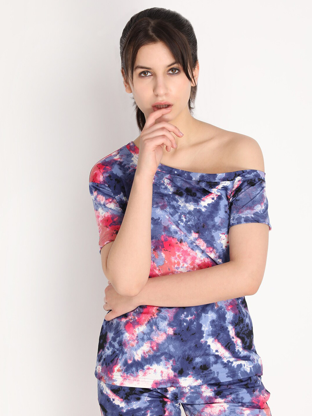 CHKOKKO Blue & Pink Tie and Dye Printed One Shoulder Crop Top