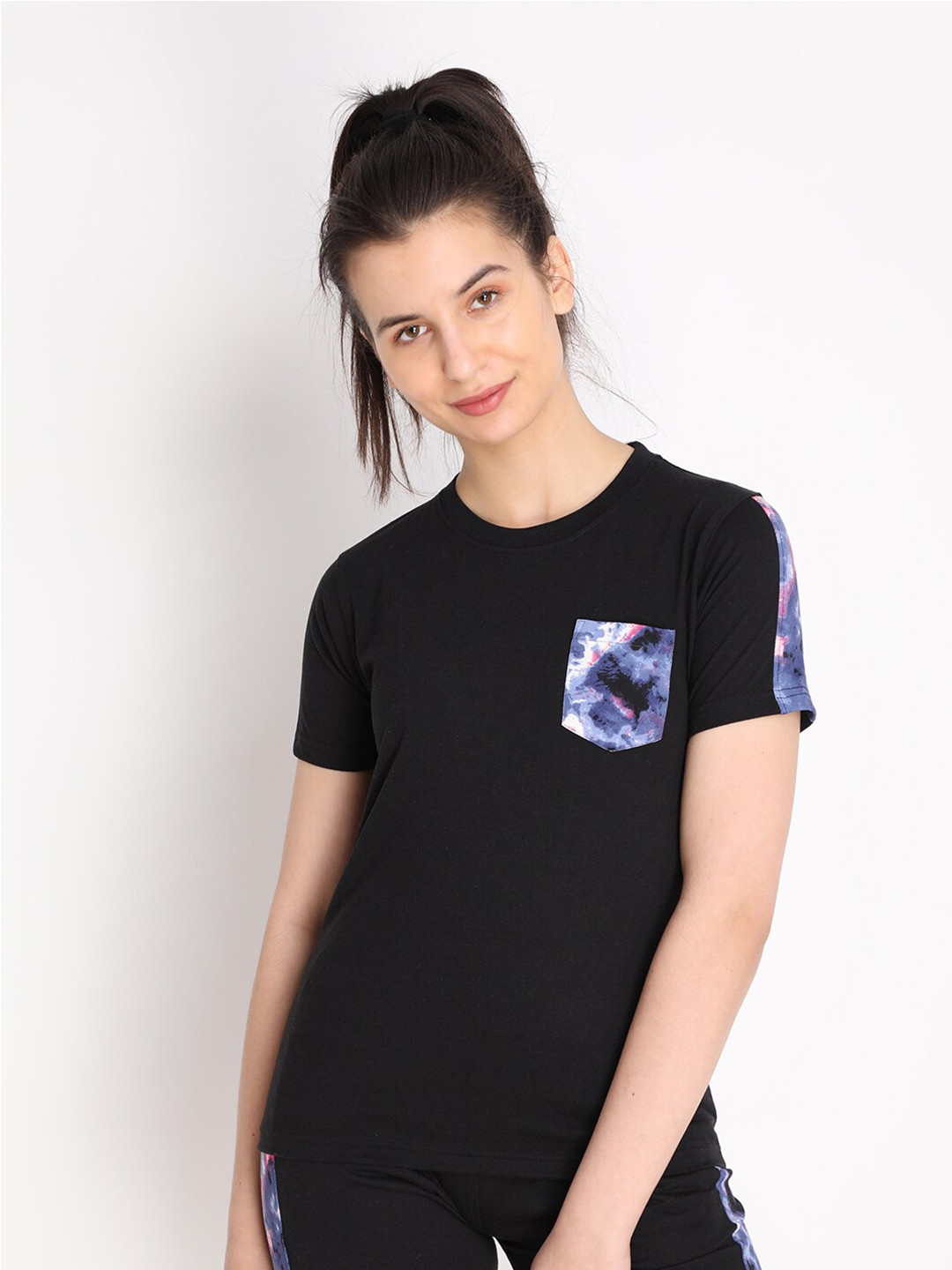 CHKOKKO Women Black Pocket Detailing Regular Fit T-shirt