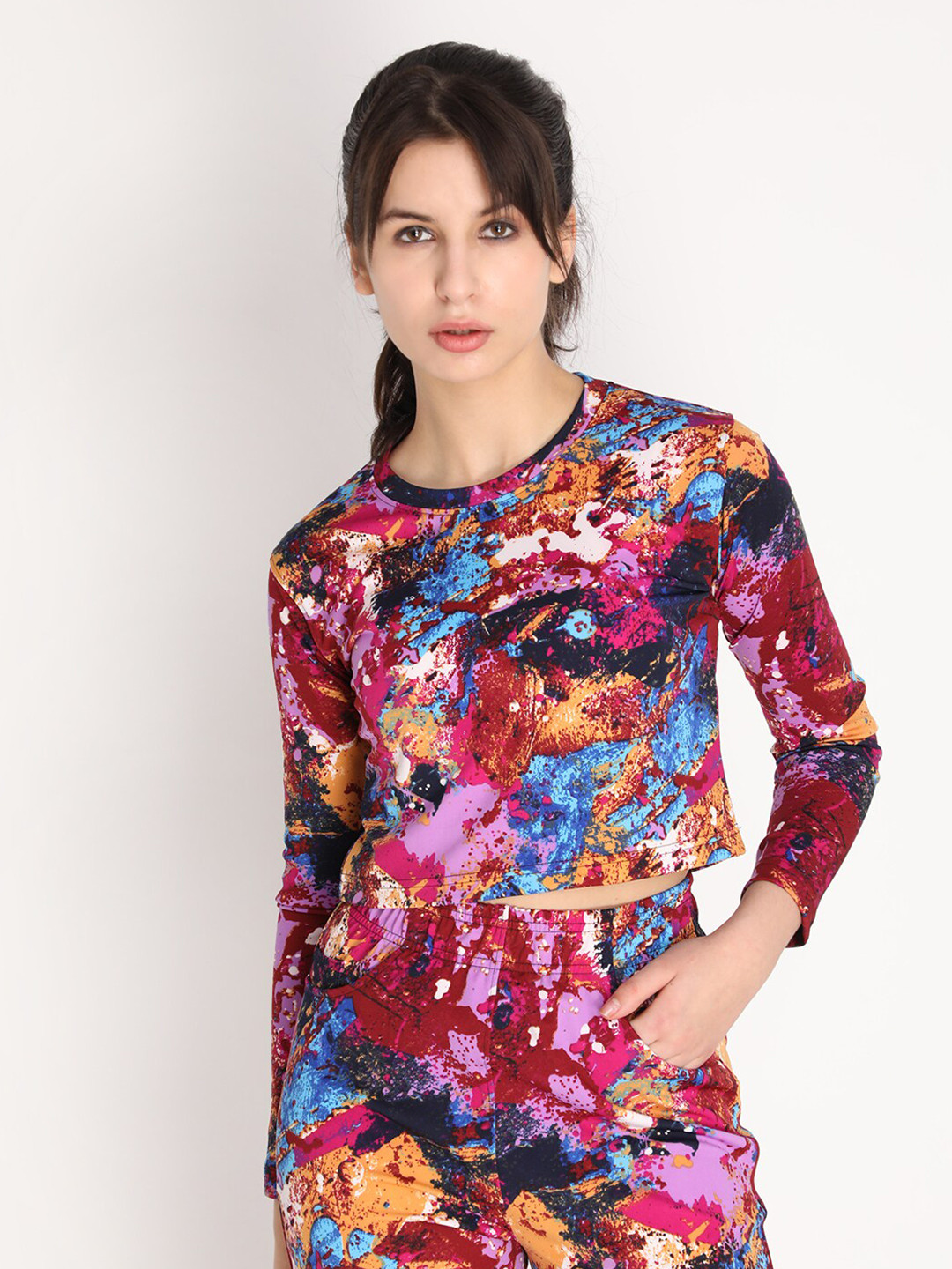 CHKOKKO Maroon & Pink Print Crop Top