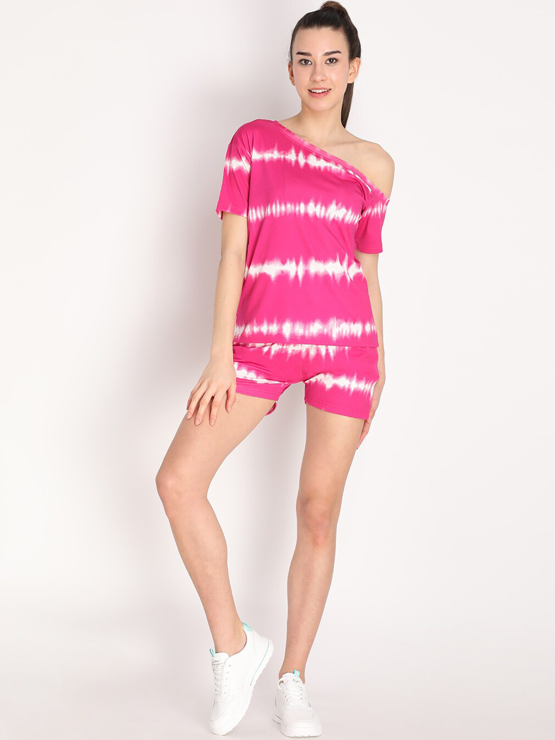 Chkokko Women Pink & White Tie & Dye One Shoulder Top & Shorts