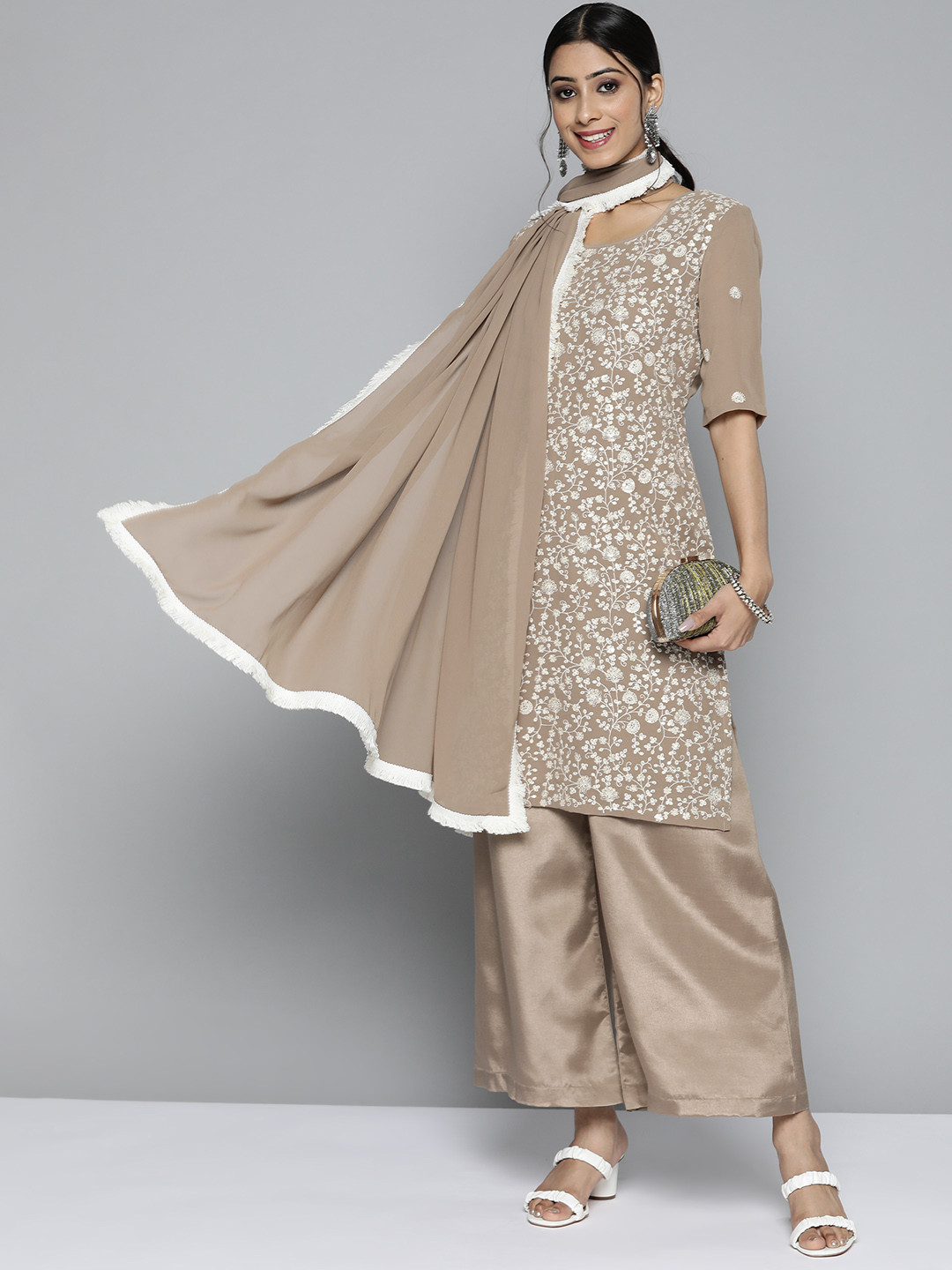 Kvsfab Women Beige & White Floral Embroidered Chikankari Kurta with Palazzos & Dupatta
