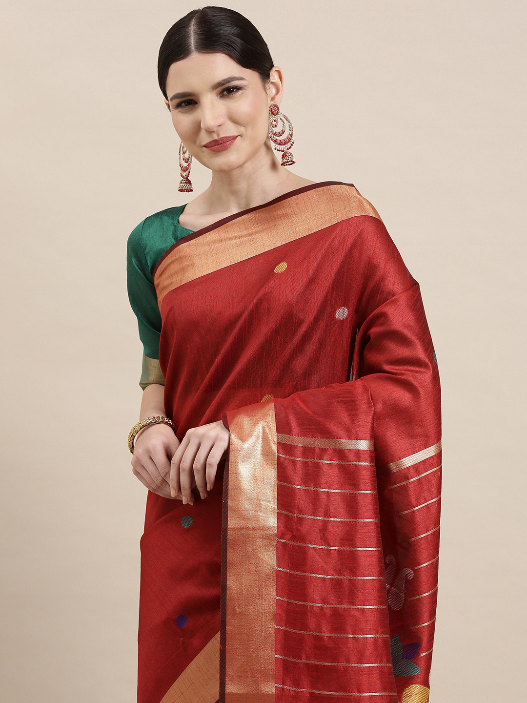Saree mall Maroon & Golden Polka Dot Woven Design Sarees