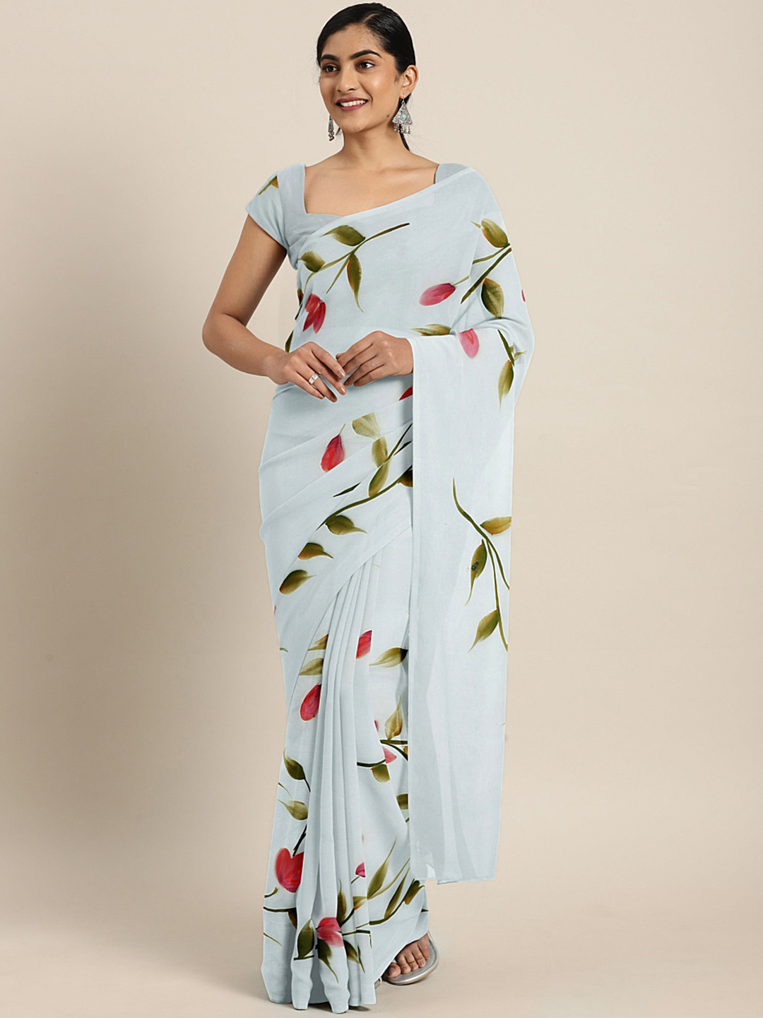 Kalakari India Grey & Red Floral Hand Painted Saree