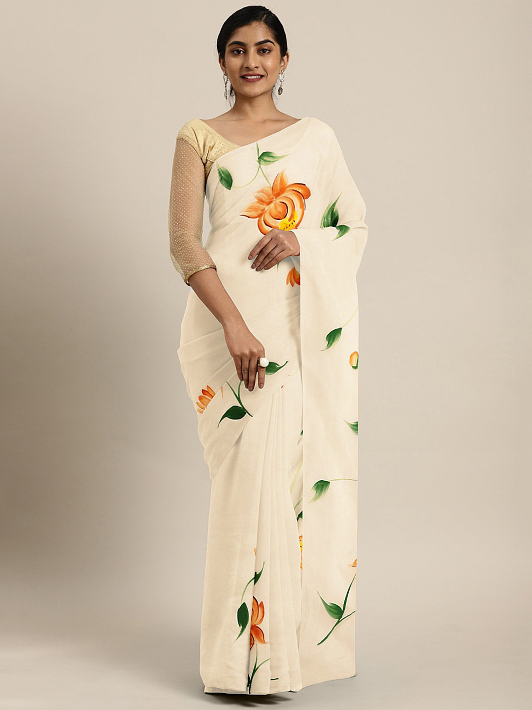 Kalakari India Off White & Orange Floral Hand Painted Saree