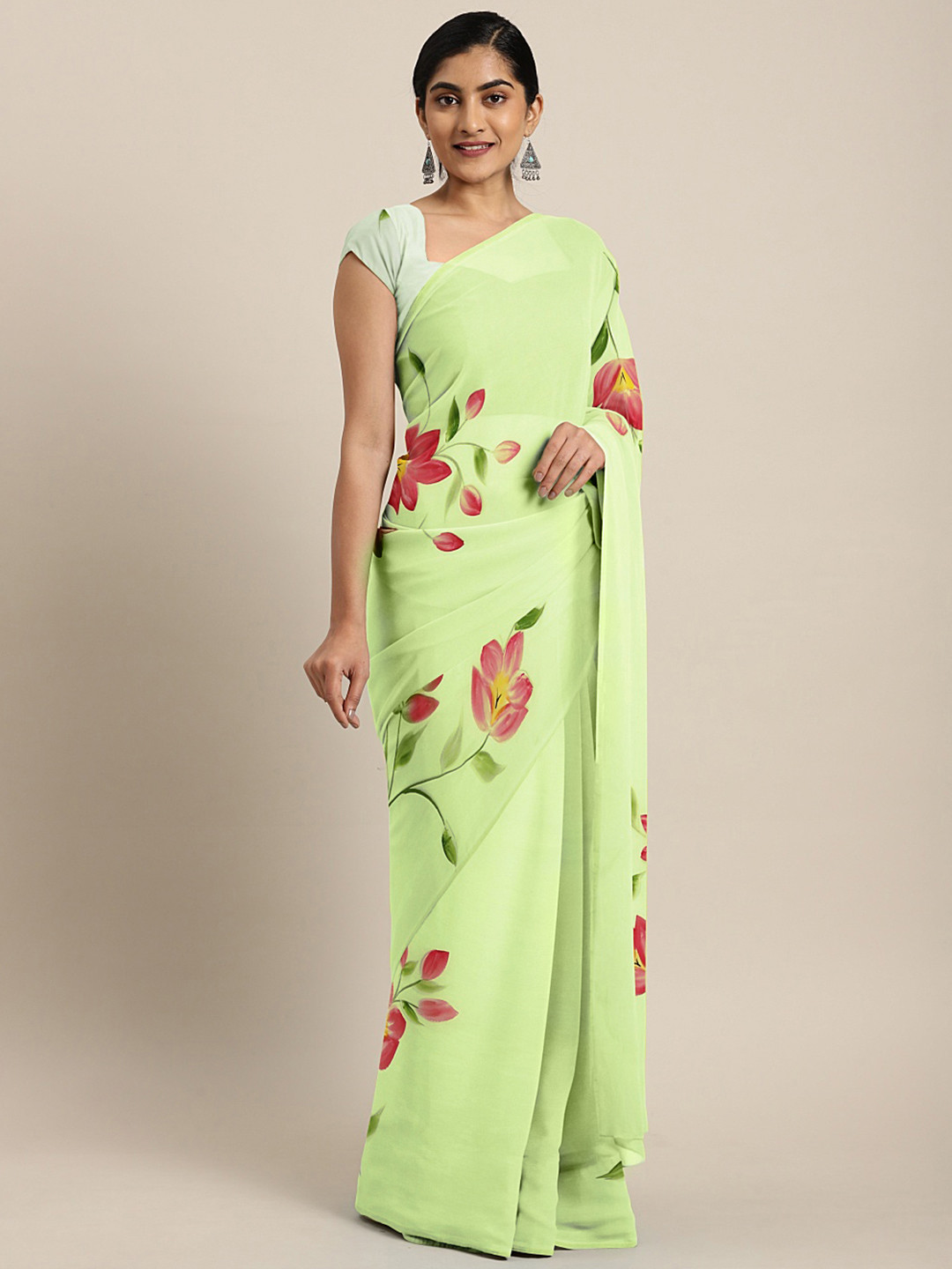 Kalakari India Green & Pink Floral Hand Painted Saree