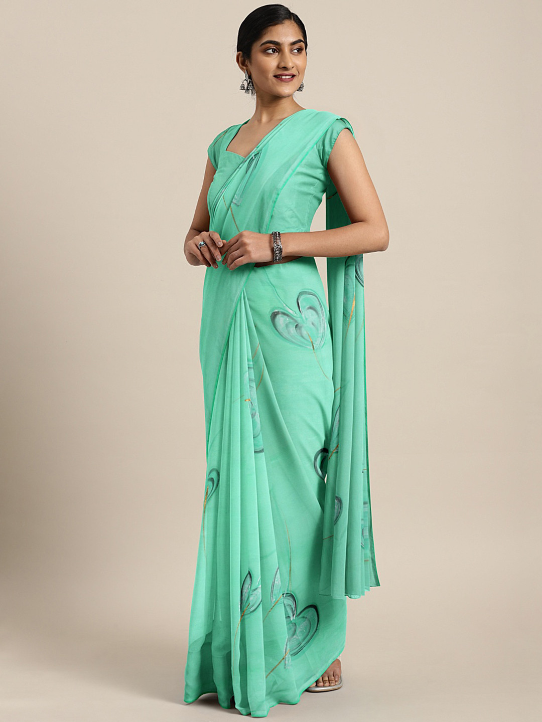 Kalakari India Green & Grey Abstract Hand Painted Saree