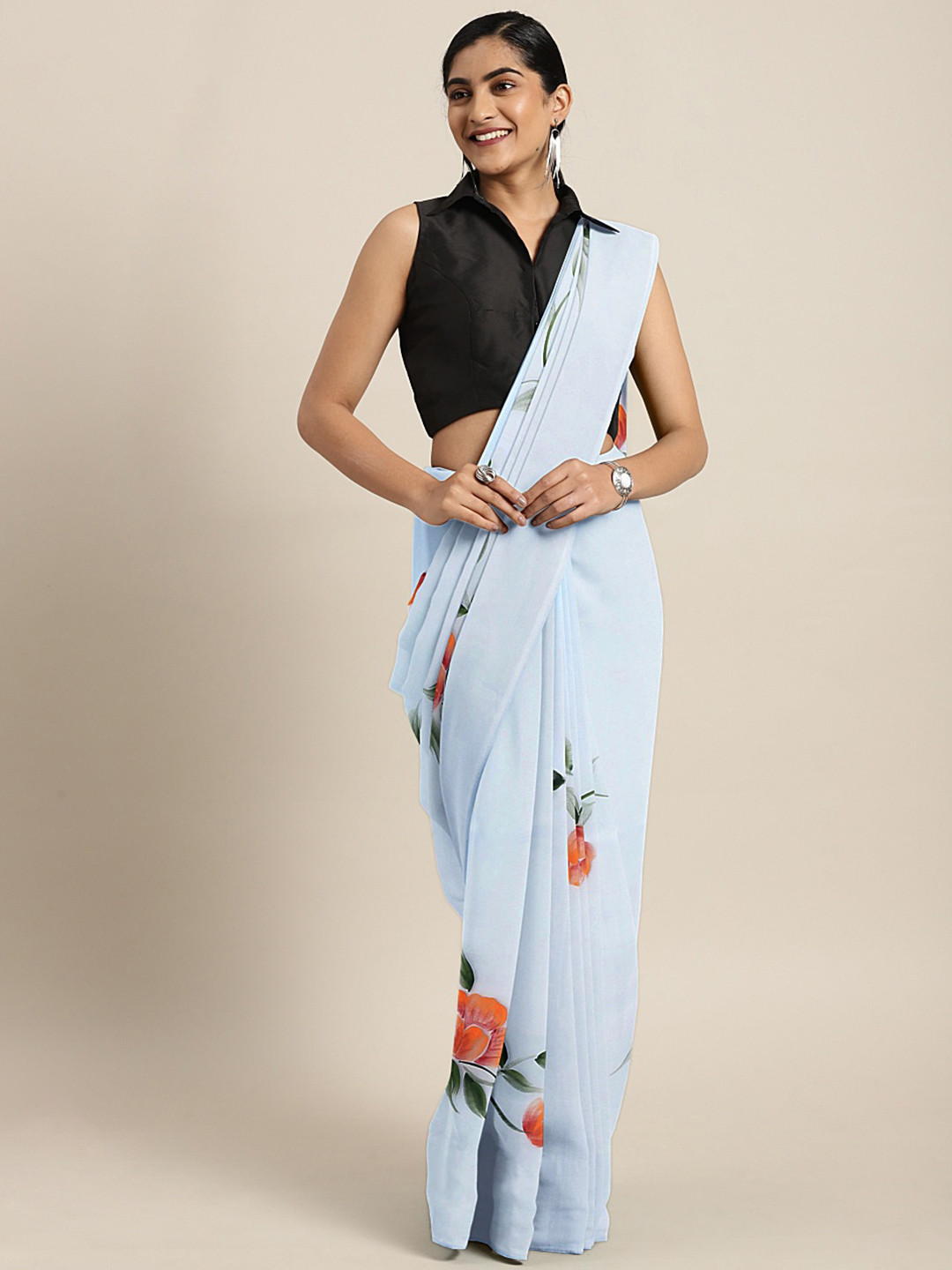 Kalakari India Blue & Orange Floral Hand Painted Saree