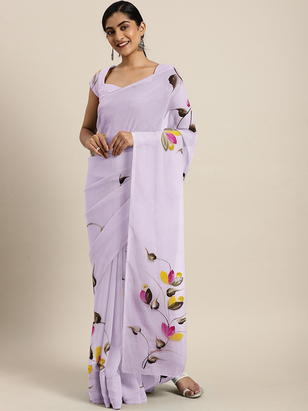 Kalakari India Lavender & Pink Floral Hand Painted Saree