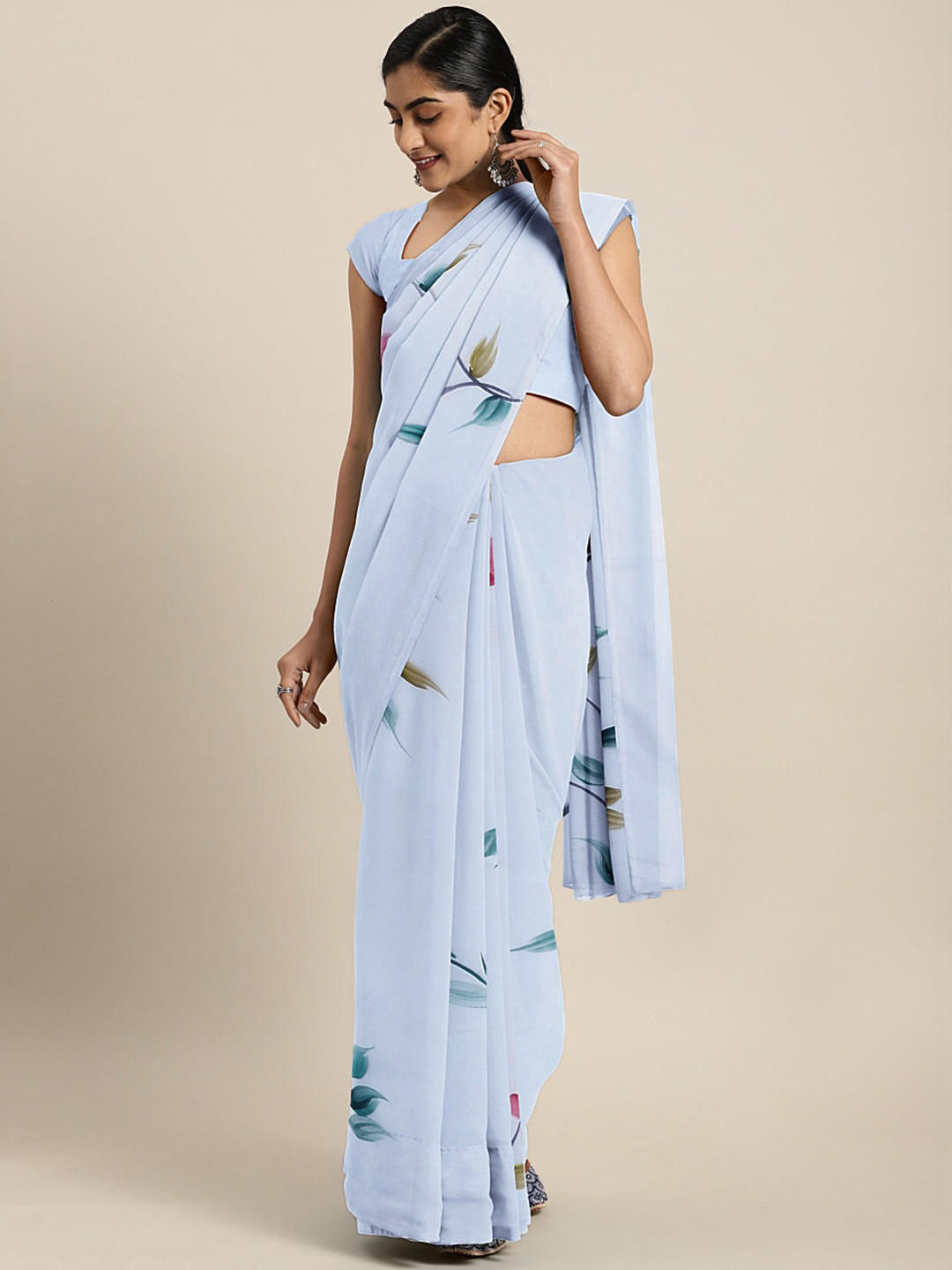 Kalakari India Blue & Pink Floral Hand Painted Saree