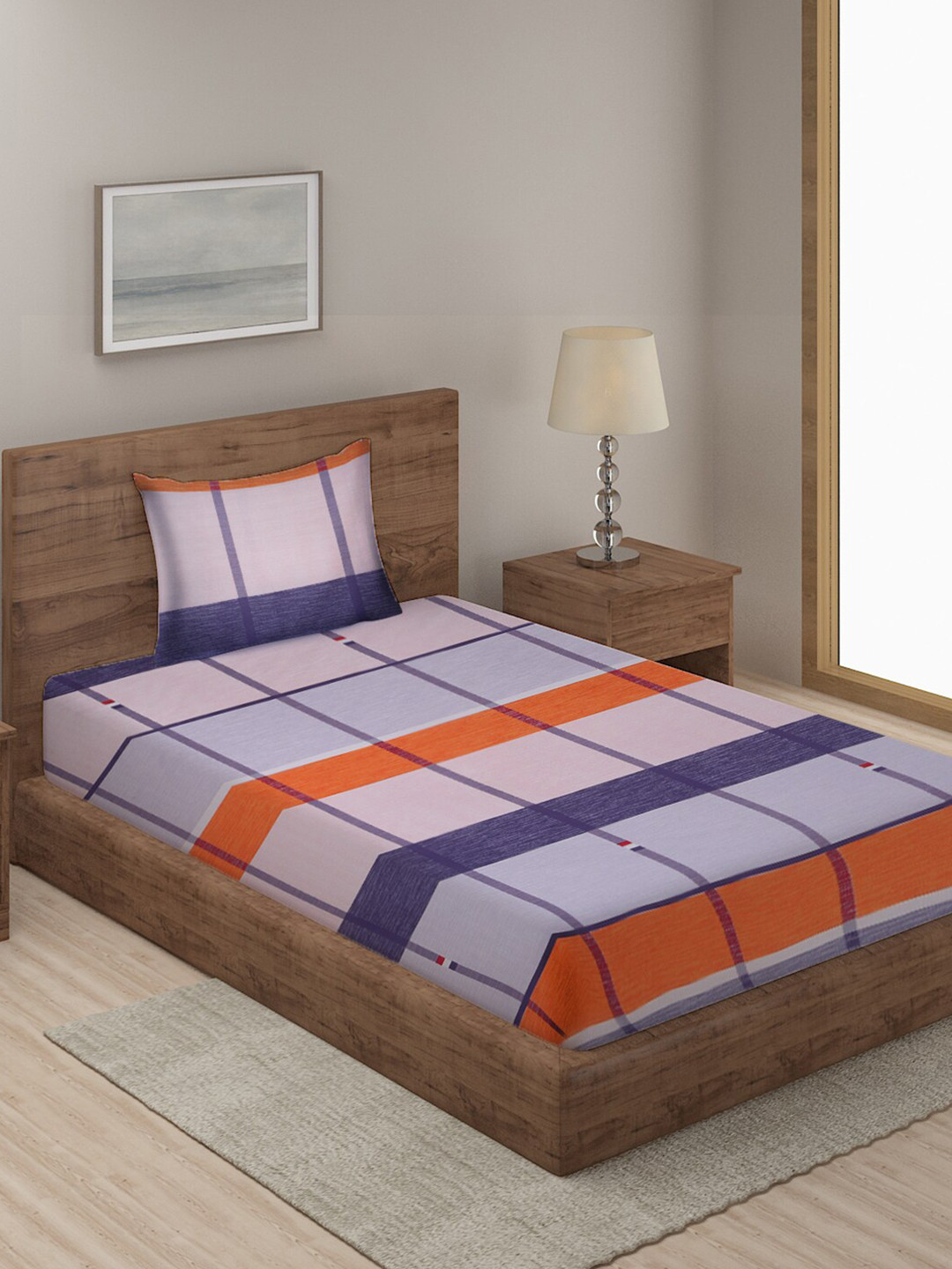 KLOTTHE Purple Geometric Cotton 210 TC Single Fine Bedsheet with a Pillow Cover-225 x 150 cm