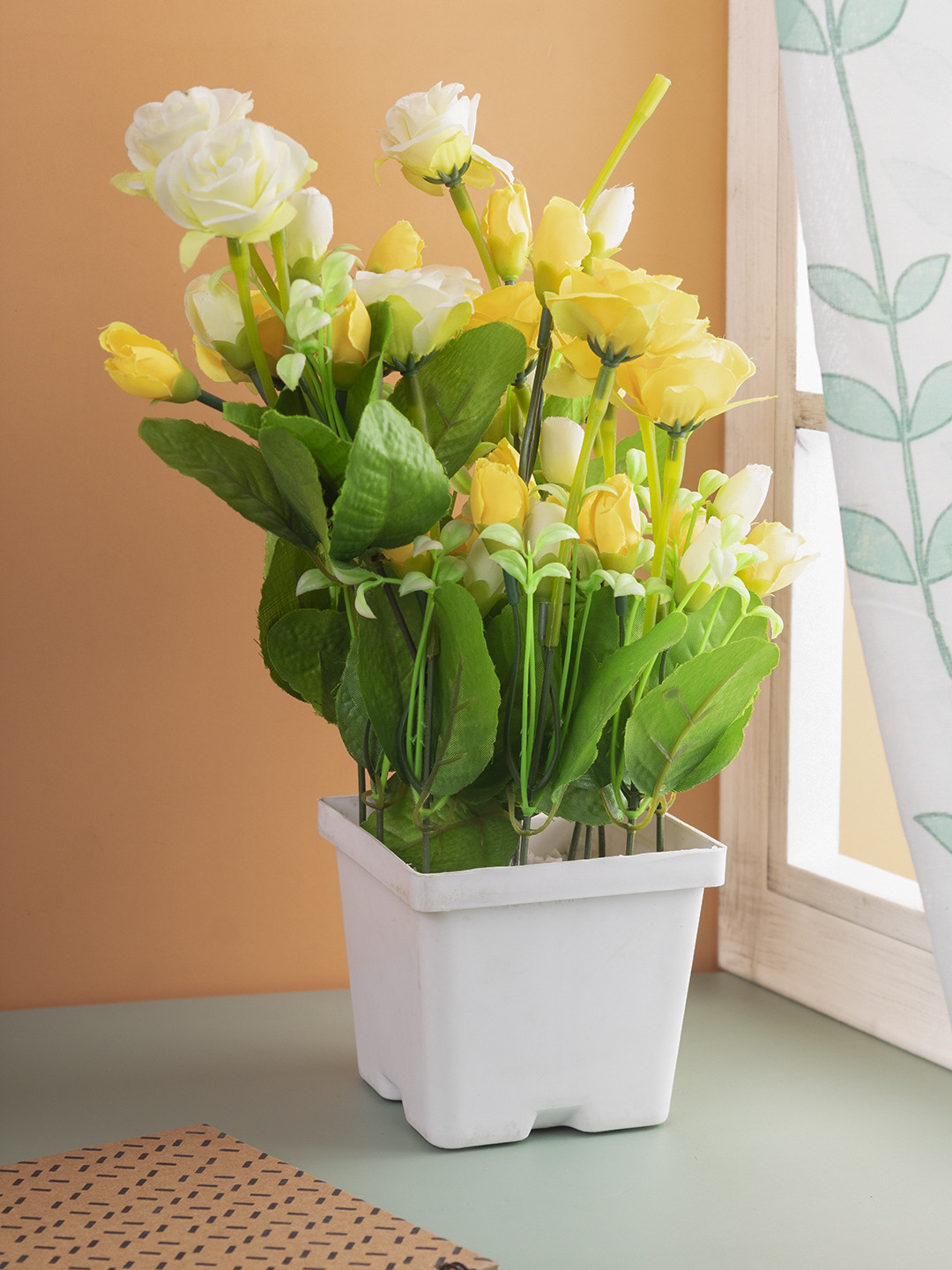 MARKET99 Yellow & Green Artificial Rose Flower With Pot