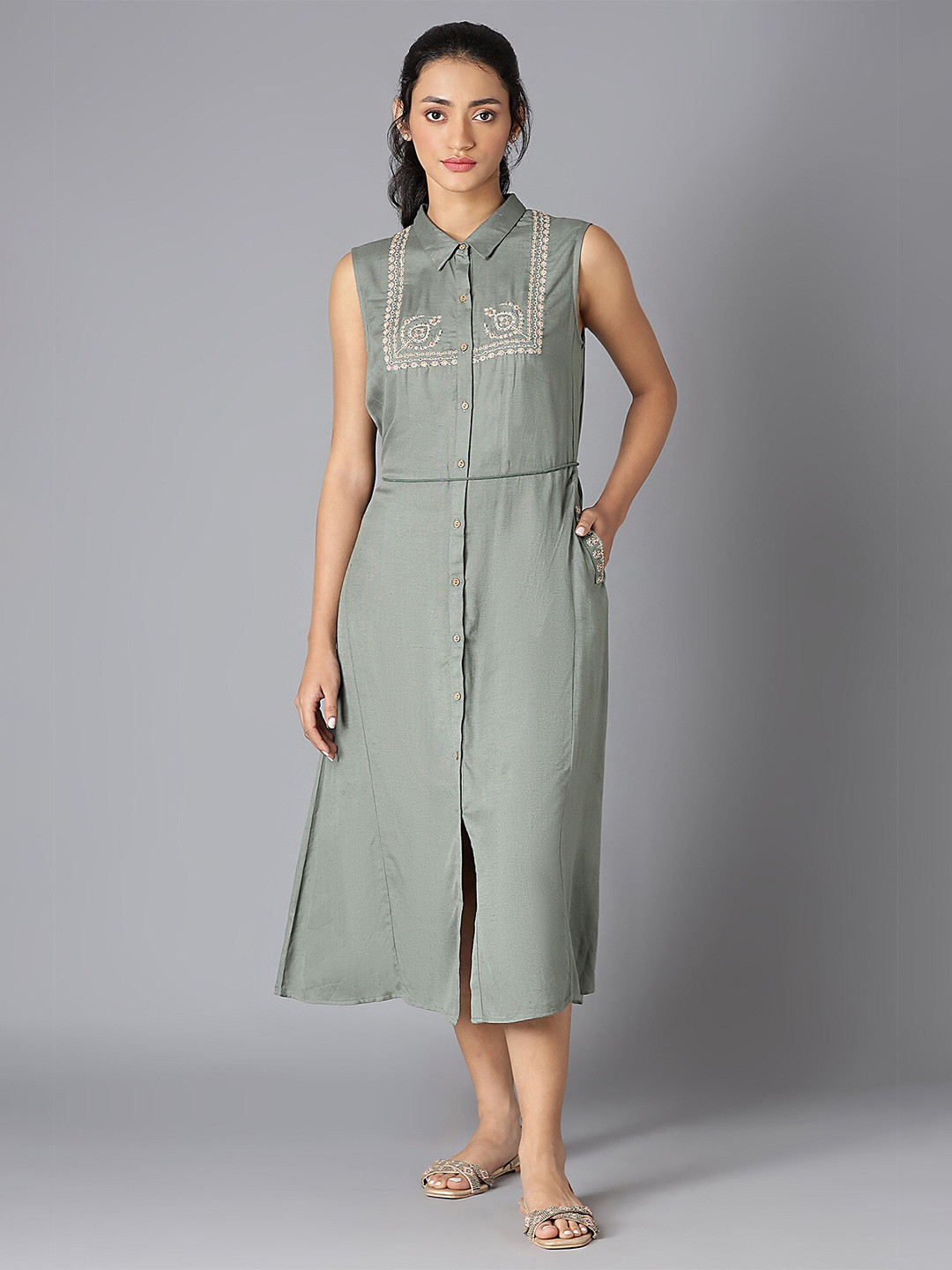 W Green & White Floral Embroidered Shirt Midi Dress