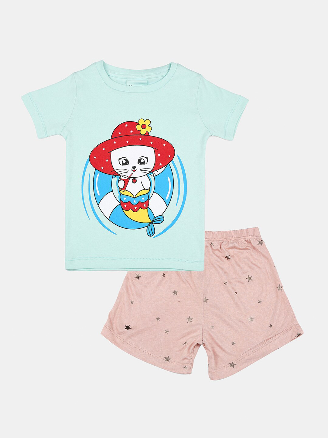 Wyld Sprog Girls Sea Green & Beige Printed T-shirt with Shorts