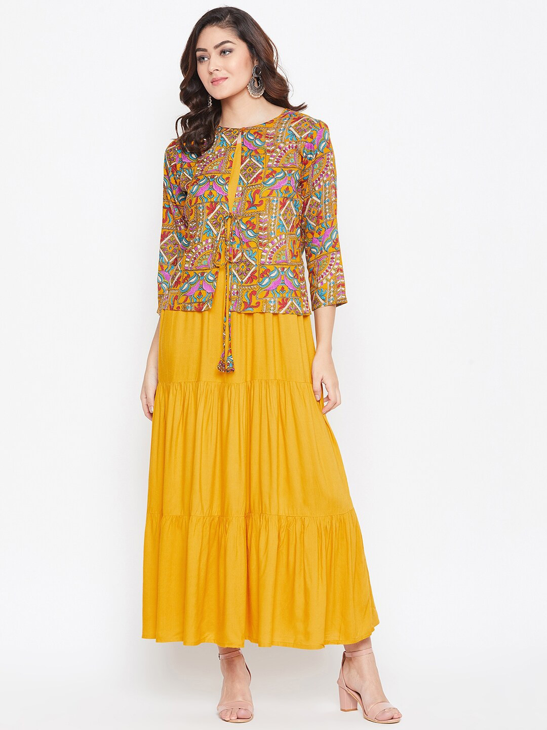 HELLO DESIGN Mustard Yellow & Red Floral Layered Ethnic Maxi Dress